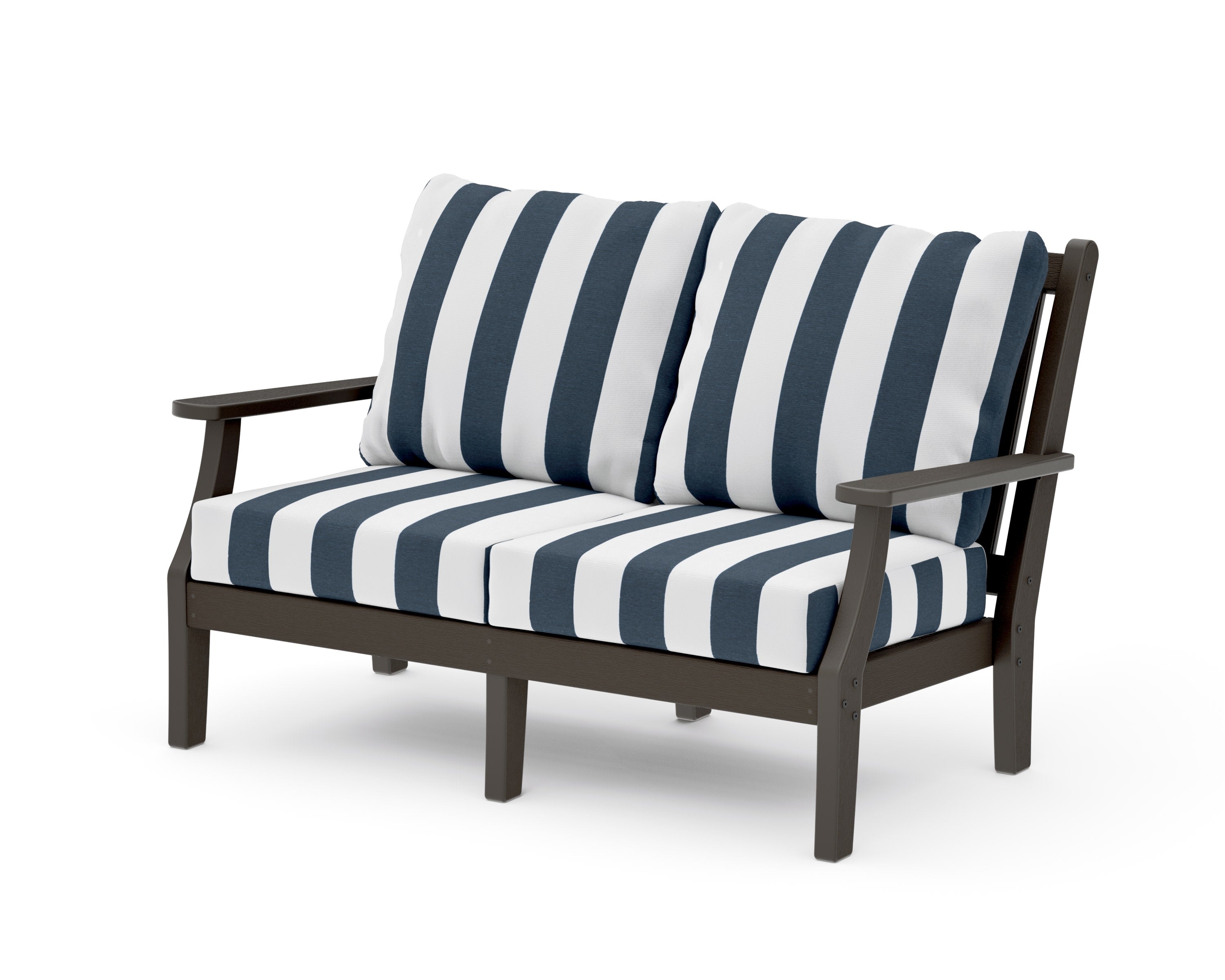 Wovendale Deep Seating Loveseat in Vintage Coffee / Cabana Stripe Marine Indigo