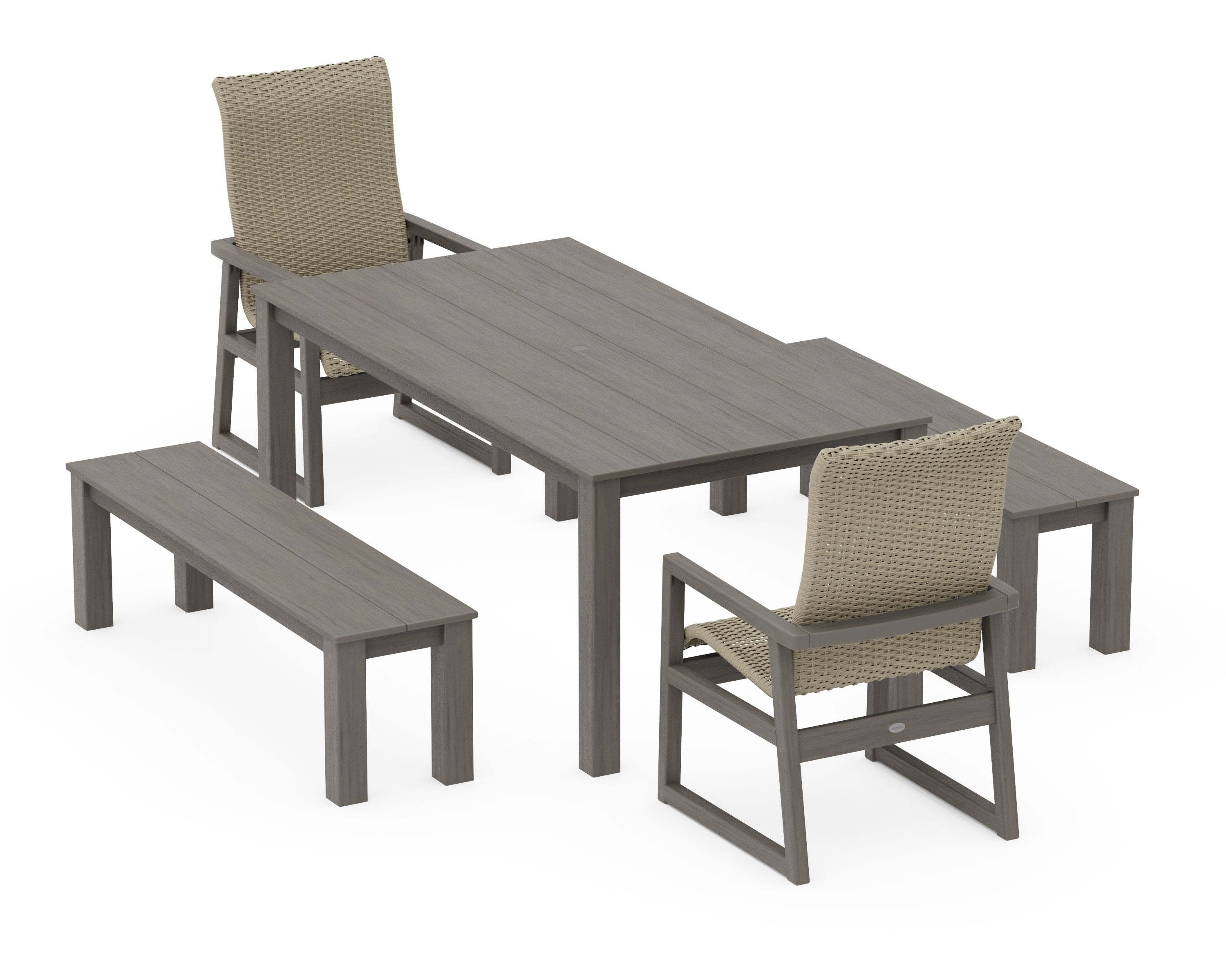 EDGE Woven Highback 5-Piece Parsons Dining Set with Benches in Driftwood / Dune Grass