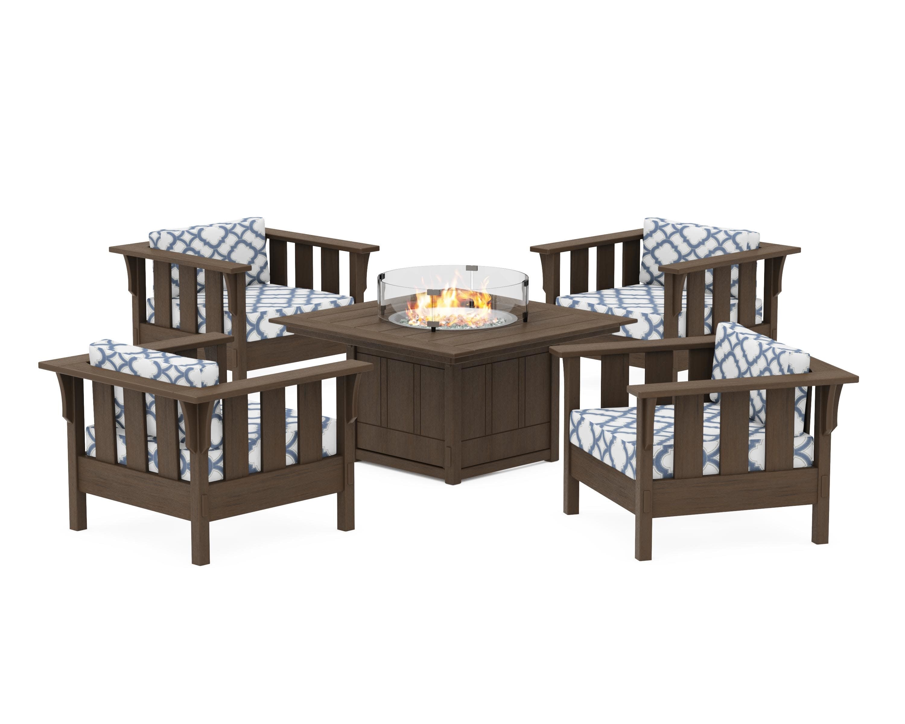 Acadia 5-Piece Deep Seating Set with Fire Pit Table in Kona / Trellis Sky Blue