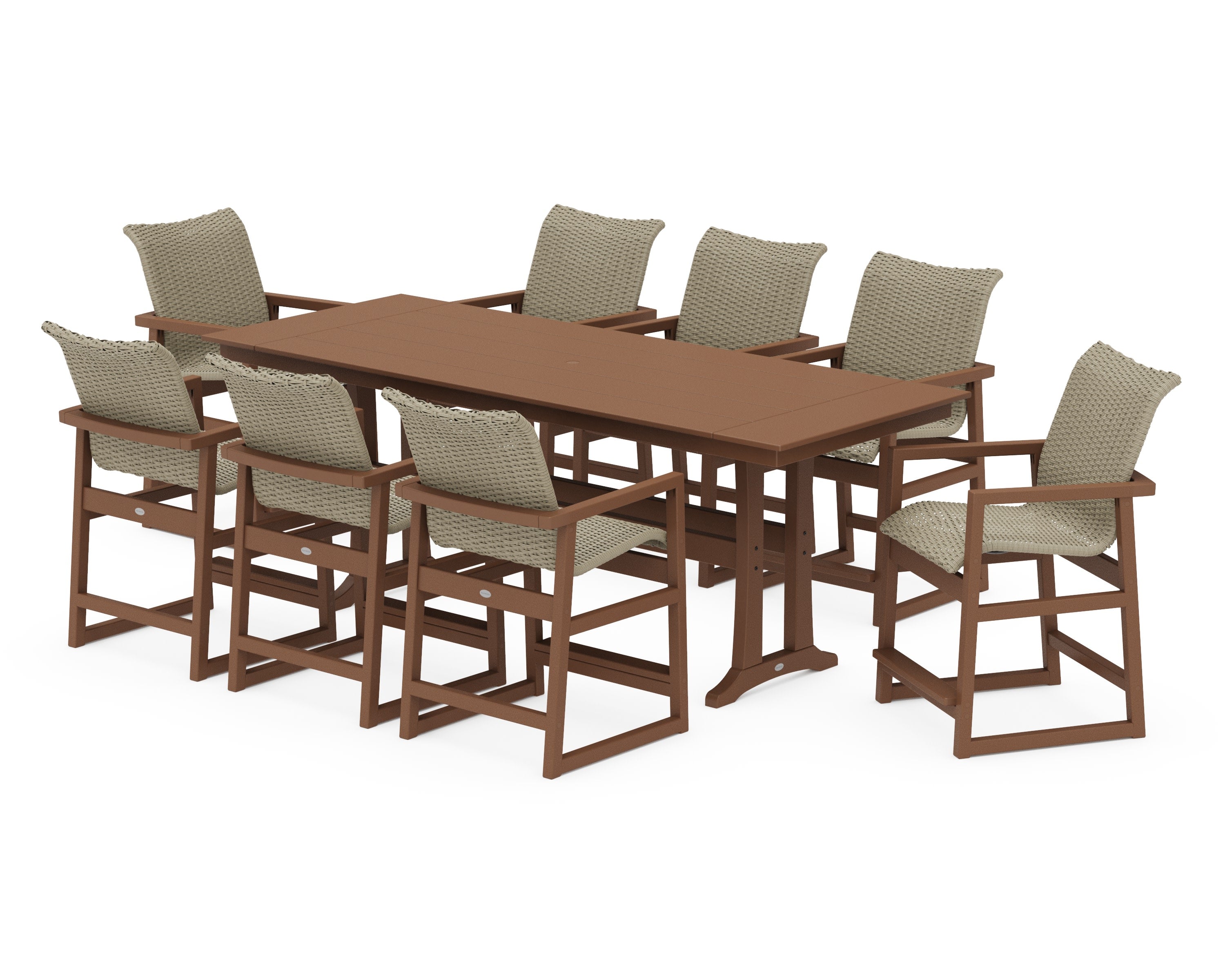EDGE Woven 9-Piece Farmhouse Counter Set with Trestle Legs in Teak / Dune Grass