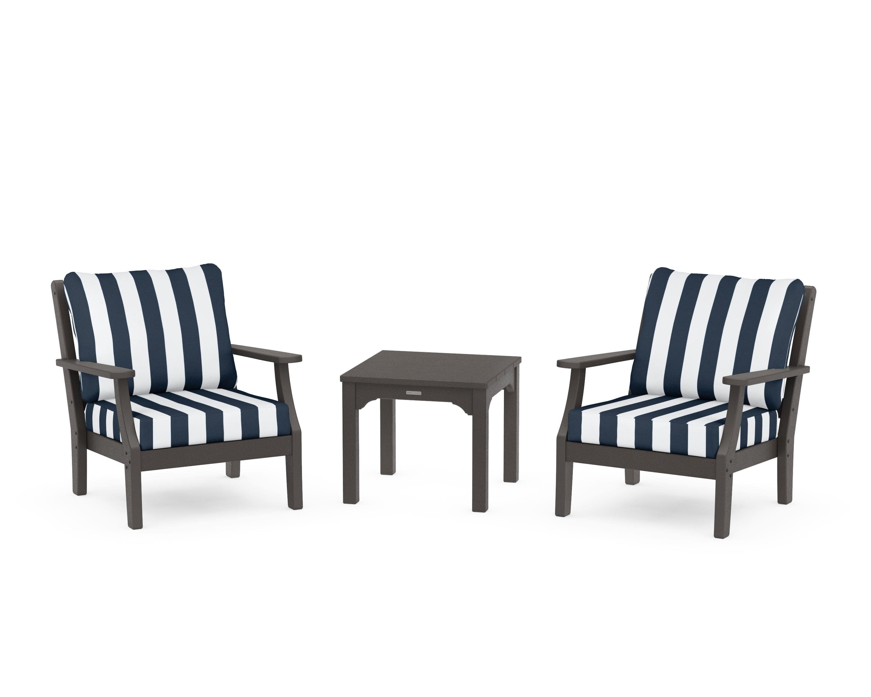 Chinoiserie 3-Piece Deep Seating Set in Vintage Coffee / Cabana Stripe Marine Indigo