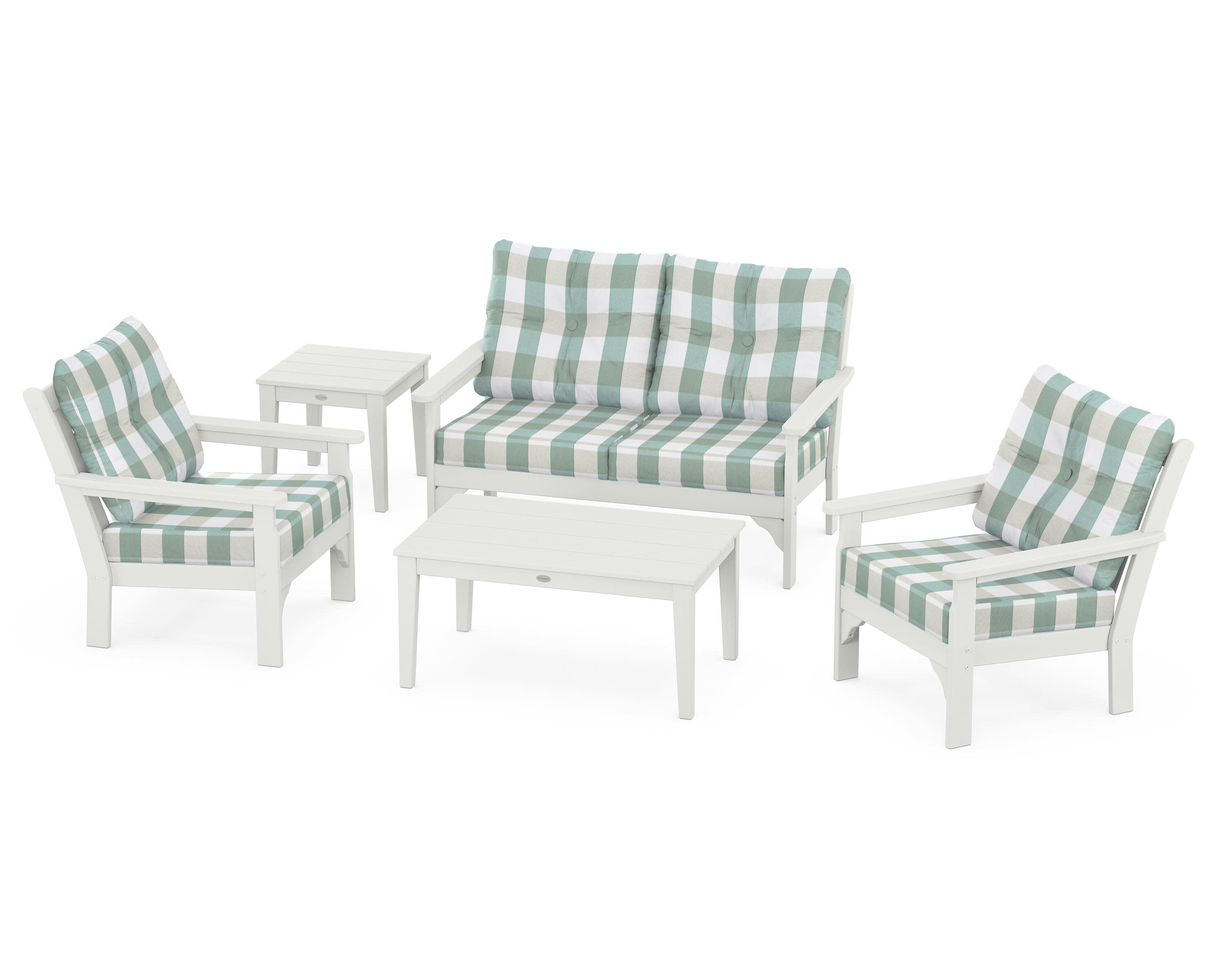 Vineyard 5-Piece Deep Seating Set in Vintage White / Buffalo Plaid Glacier Spa