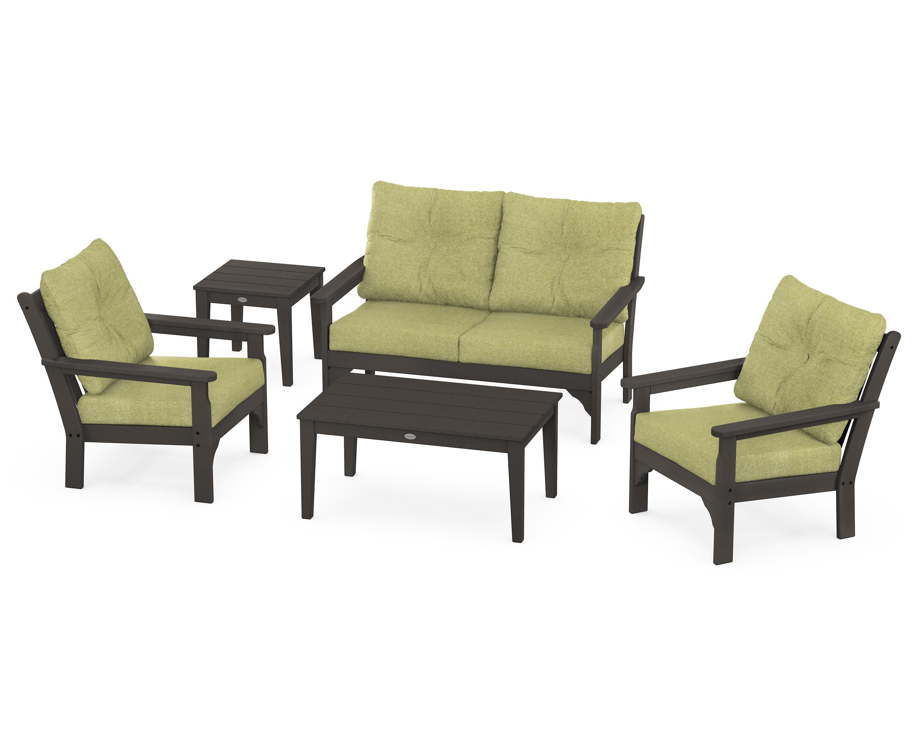Vineyard 5-Piece Deep Seating Set in Vintage Coffee / Chartreuse Boucle