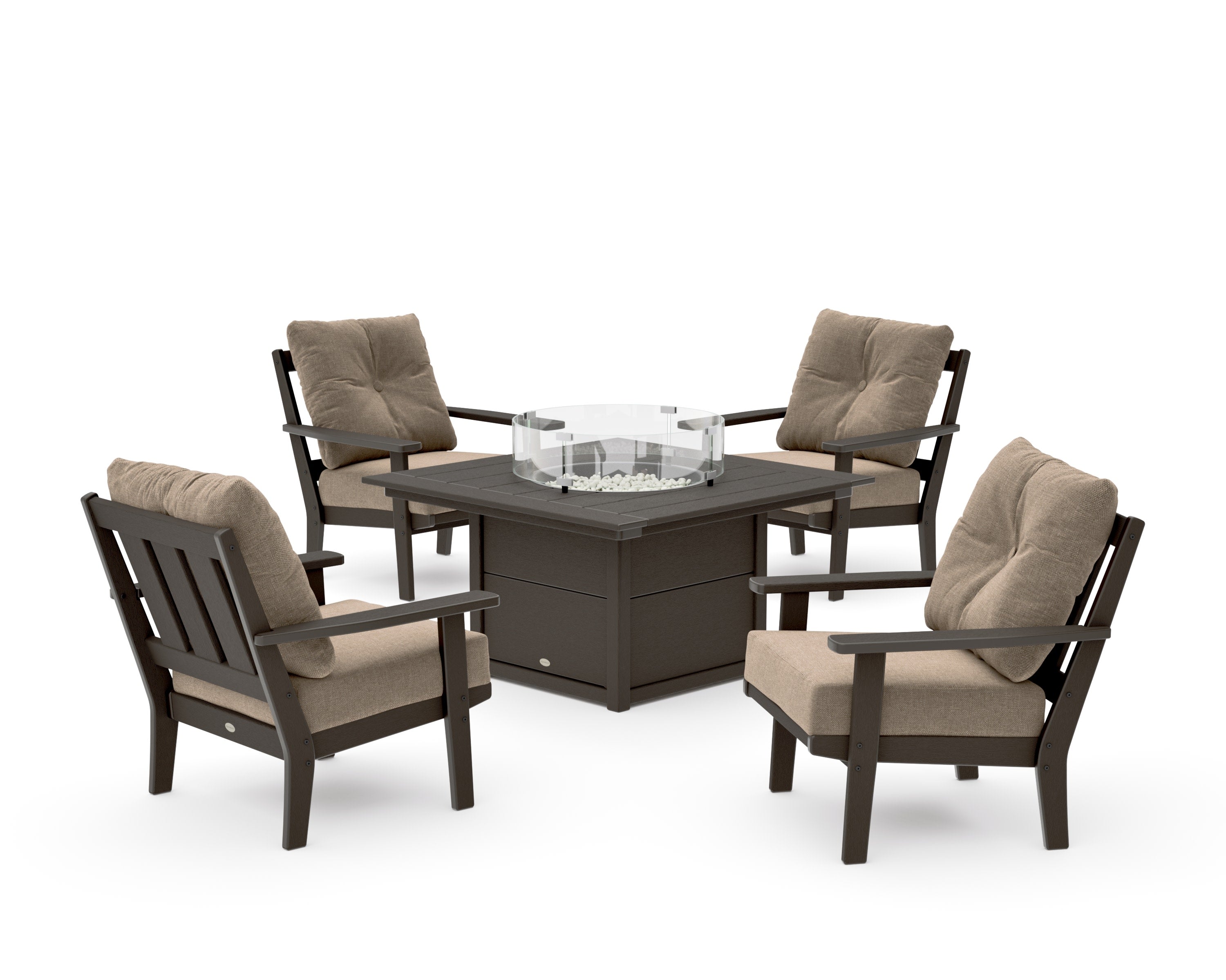 Oxford 5-Piece Deep Seating Set with Fire Pit Table in Vintage Coffee / Spiced Burlap