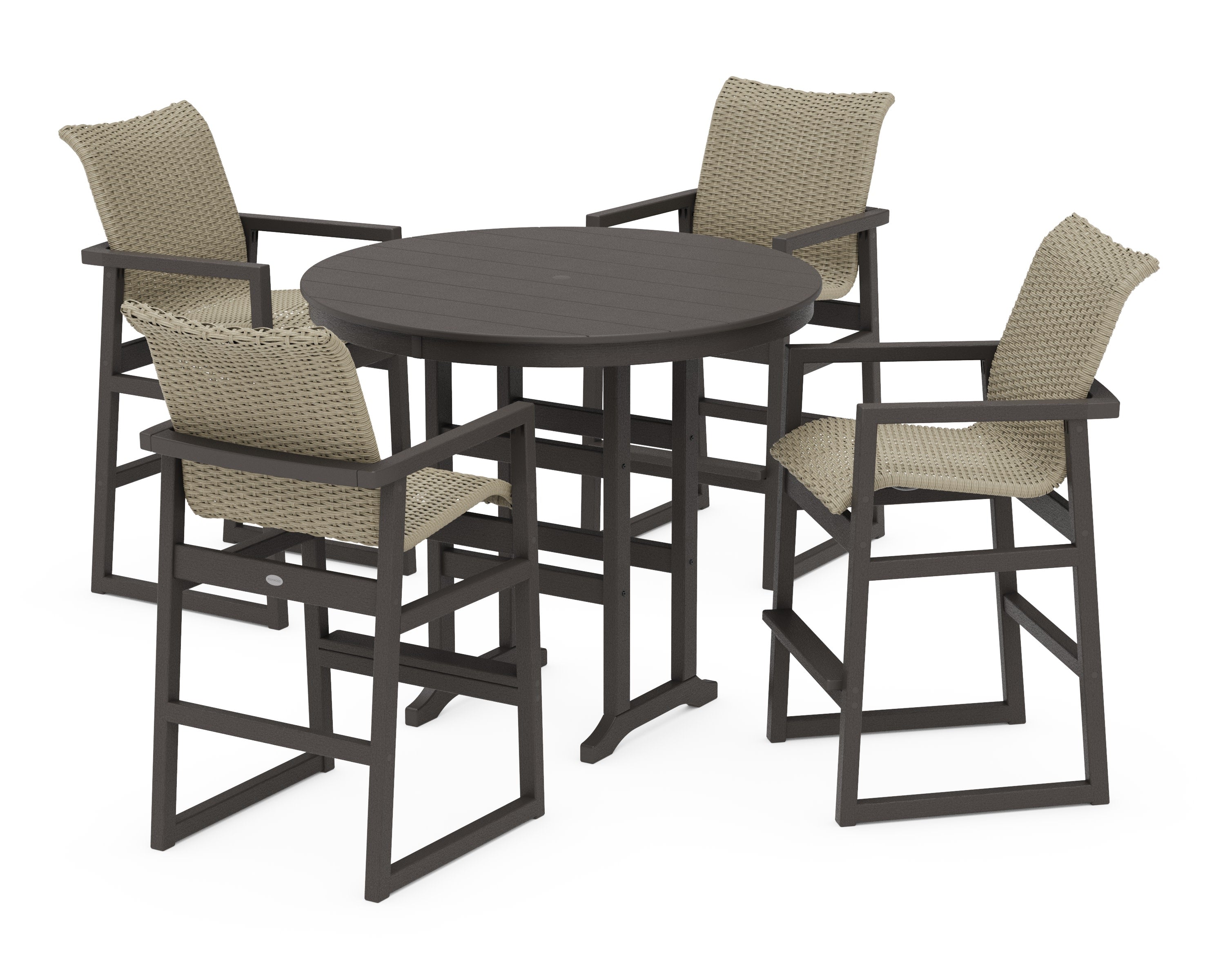 EDGE Woven 5-Piece Round Farmhouse Bar Set in Vintage Coffee / Dune Grass