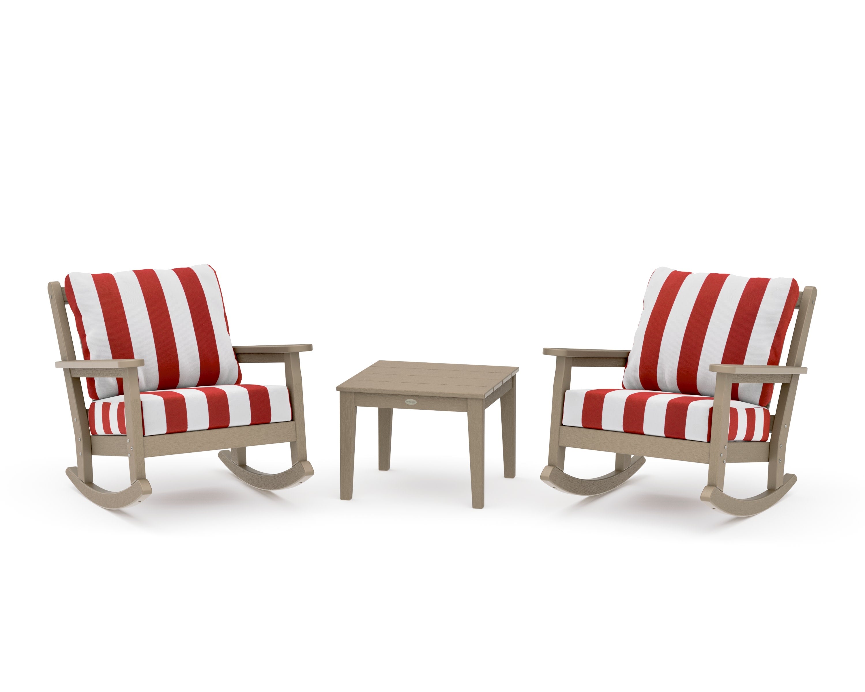 Chippendale 3-Piece Deep Seating Rocker Set in Vintage Sahara / Cabana Stripe Crimson