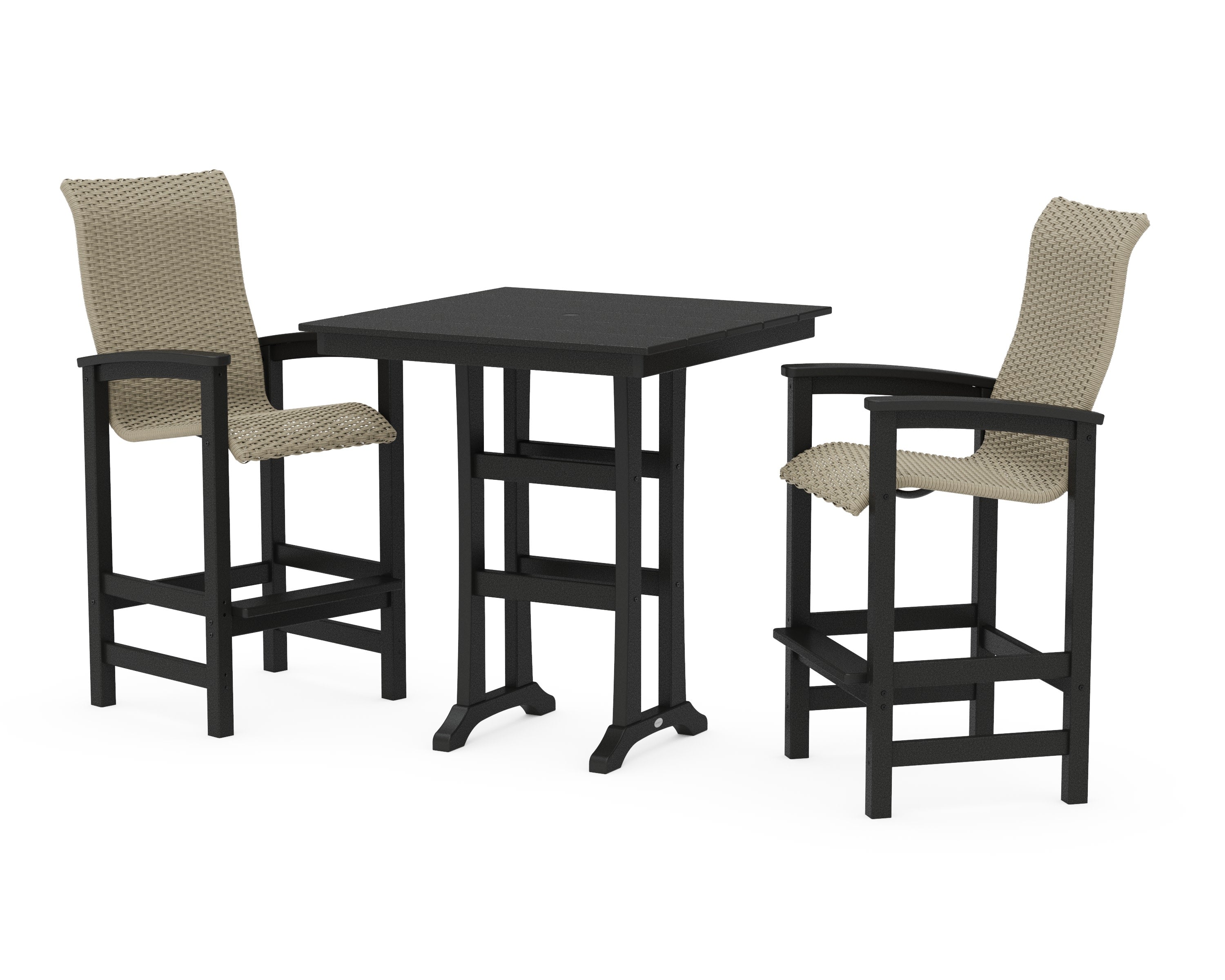 Coastal Woven High-Back 3-Piece Farmhouse Bar Set with Trestle Legs in Black / Dune Grass