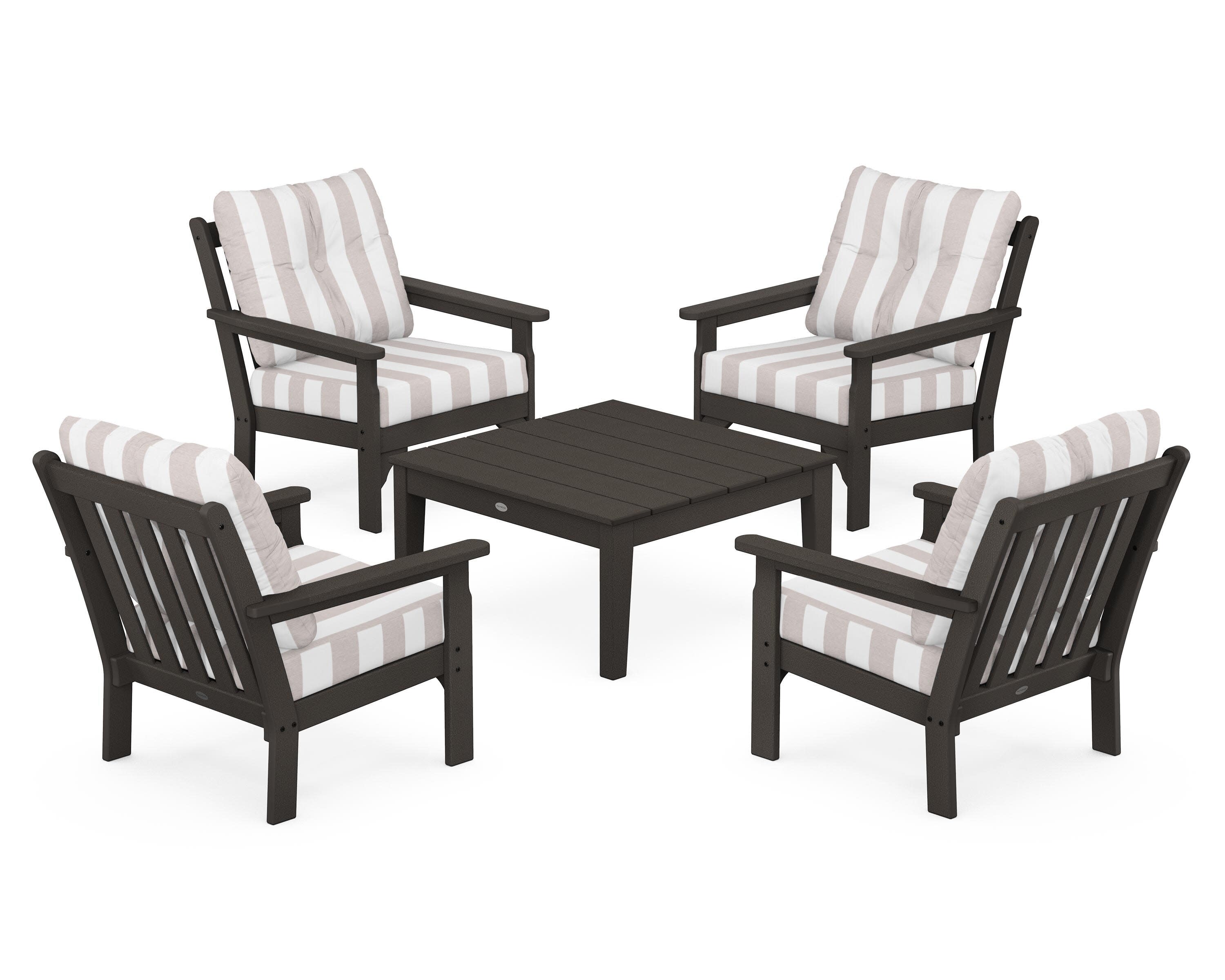 Vineyard 5-Piece Deep Seating Conversation Set in Vintage Coffee / Cabana Stripe Dune Burlap