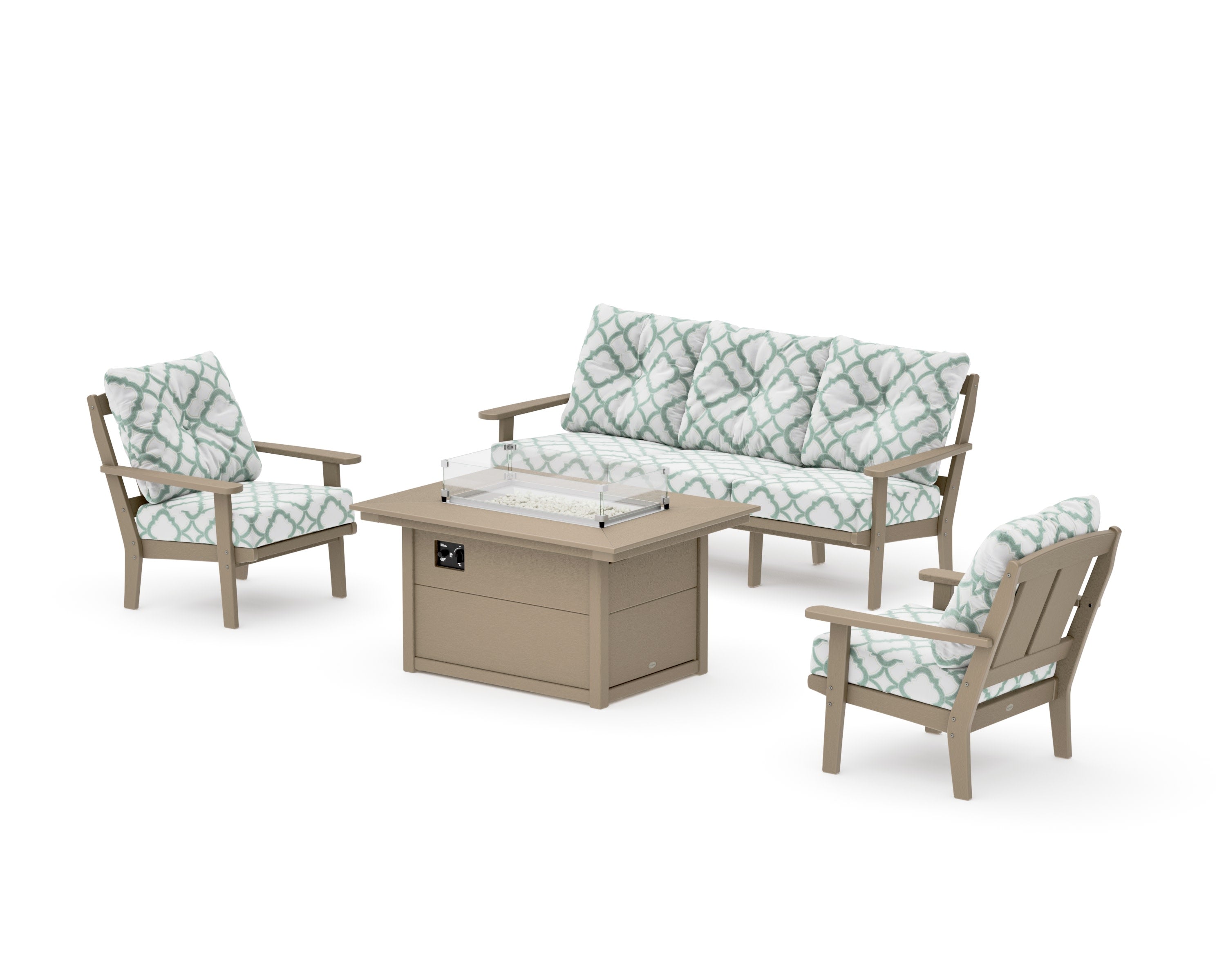 Mission Deep Seating Fire Pit Table Set in Vintage Sahara / Trellis Glacier Spa