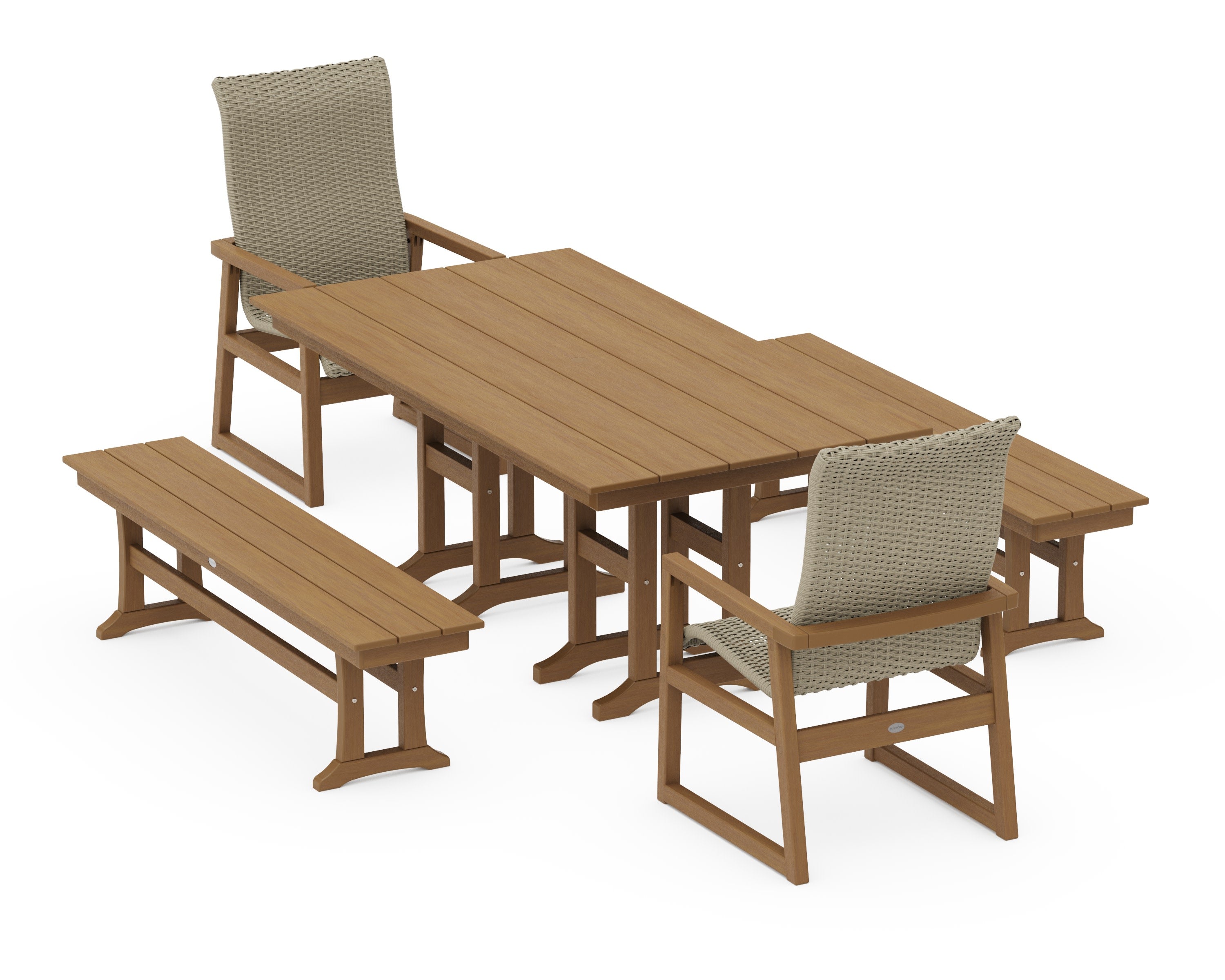 EDGE Woven Highback 5-Piece Farmhouse Dining Set with Benches in Natural / Dune Grass