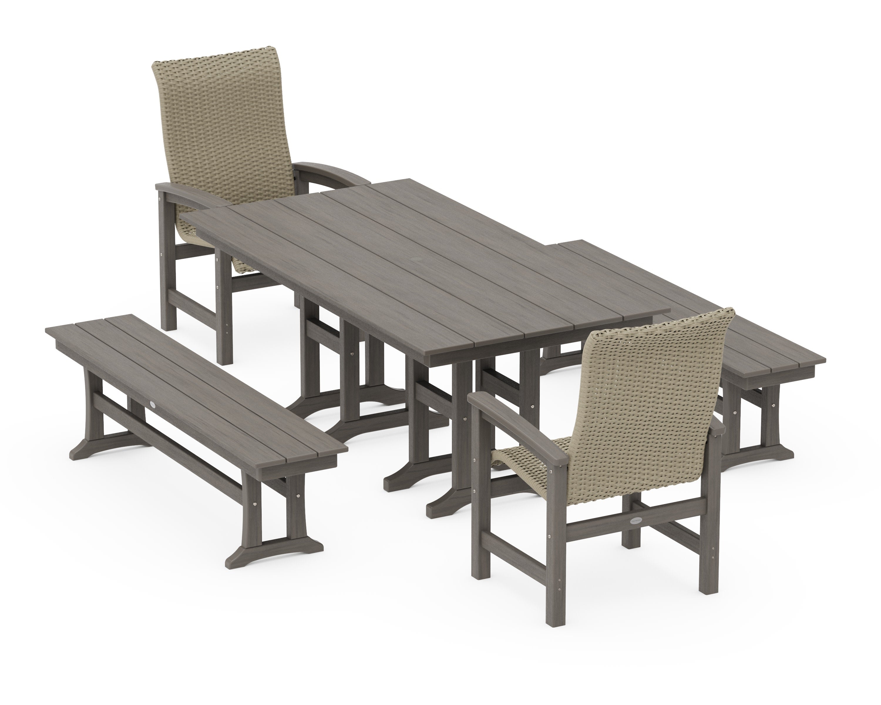 Coastal Woven High-Back 5-Piece Farmhouse Dining Set with Benches in Driftwood / Dune Grass