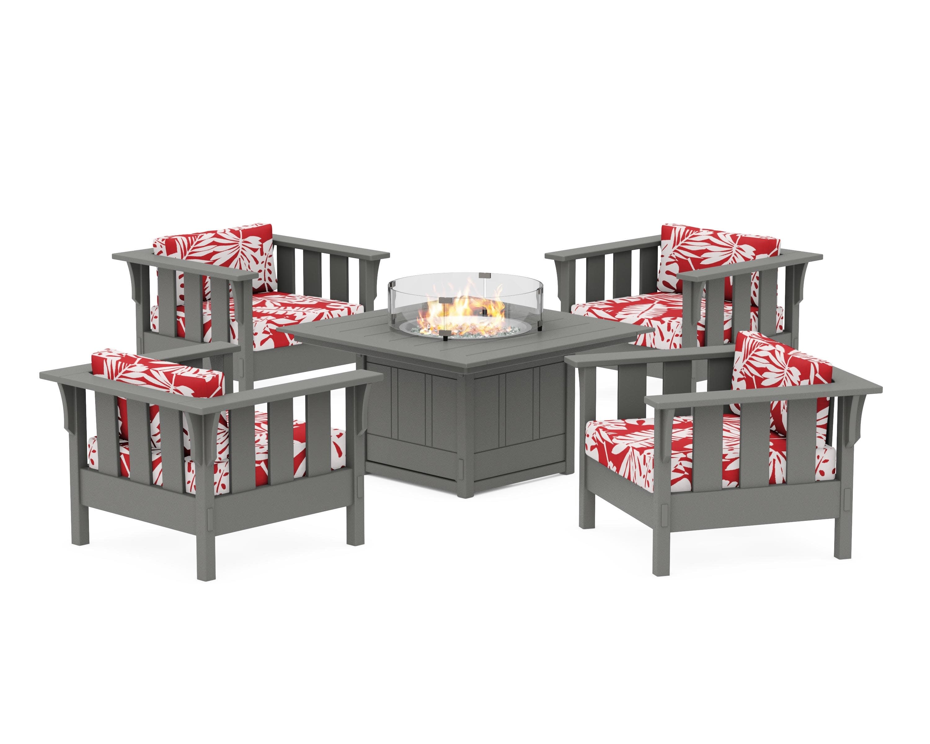 Acadia 5-Piece Deep Seating Set with Fire Pit Table in Slate Grey / Leaf Crimson
