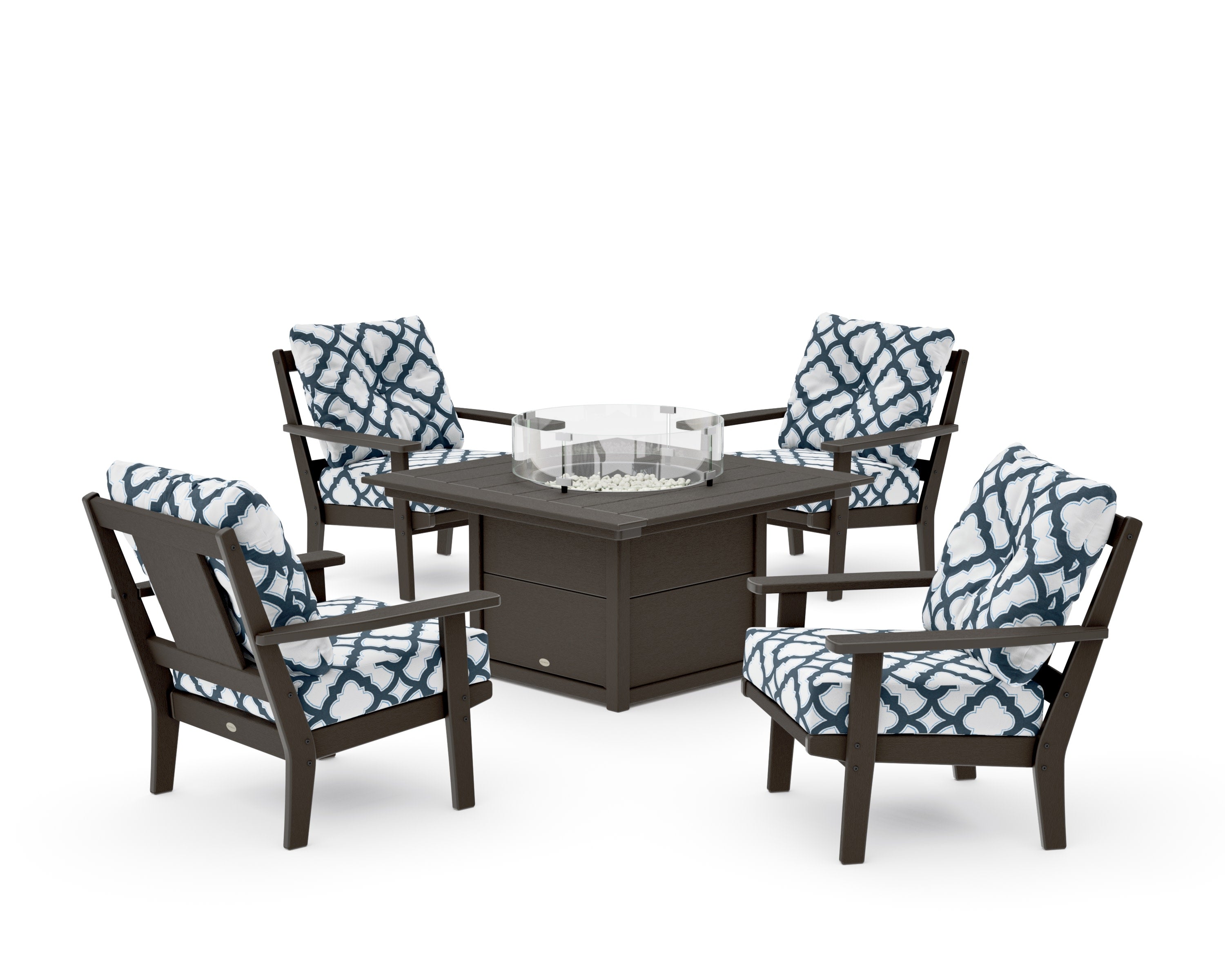 Prairie 5-Piece Deep Seating Set with Fire Pit Table in Vintage Coffee / Trellis Marine Indigo
