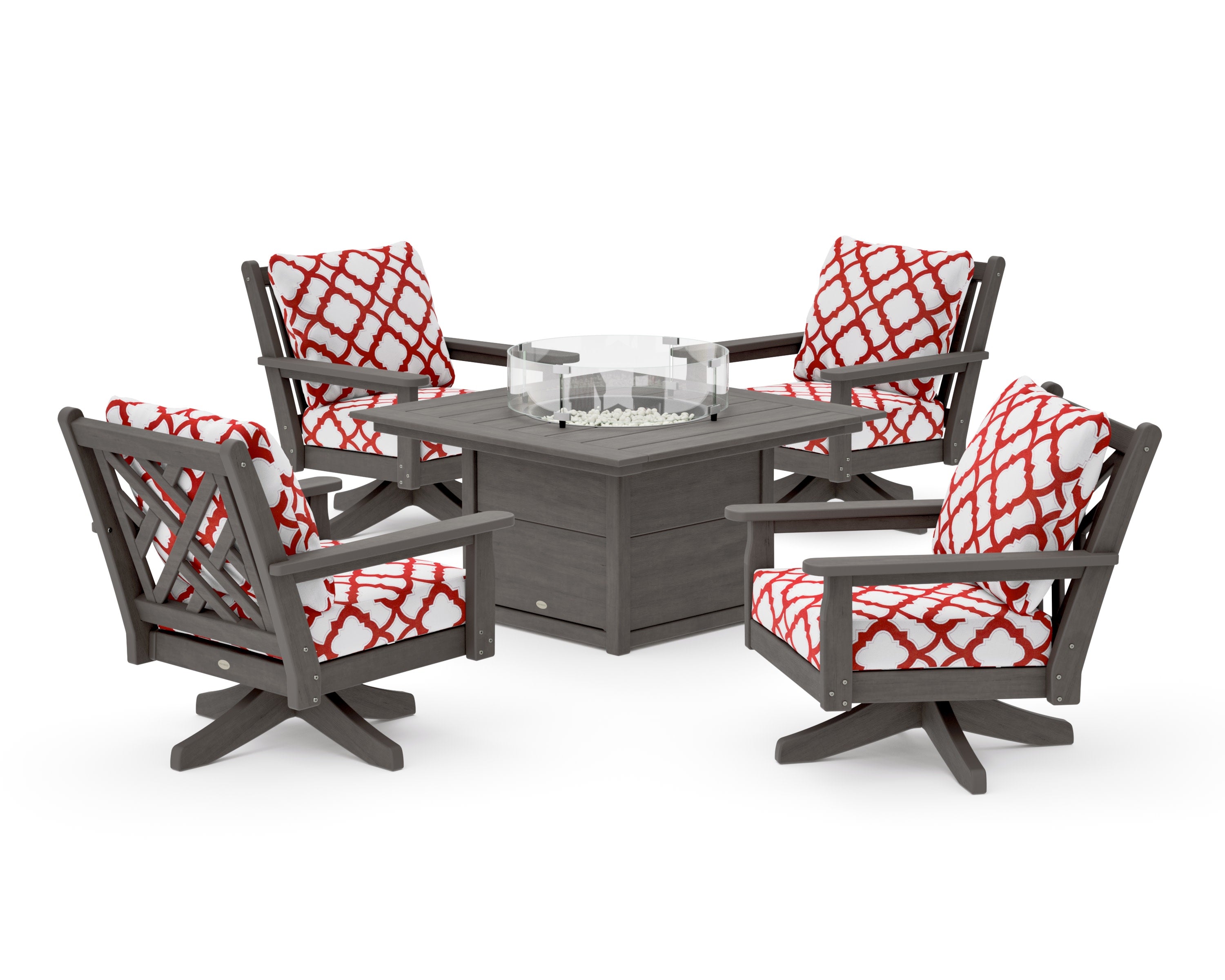 Chippendale 5-Piece Deep Seating Swivel Conversation Set with Fire Pit Table in Driftwood / Trellis Crimson