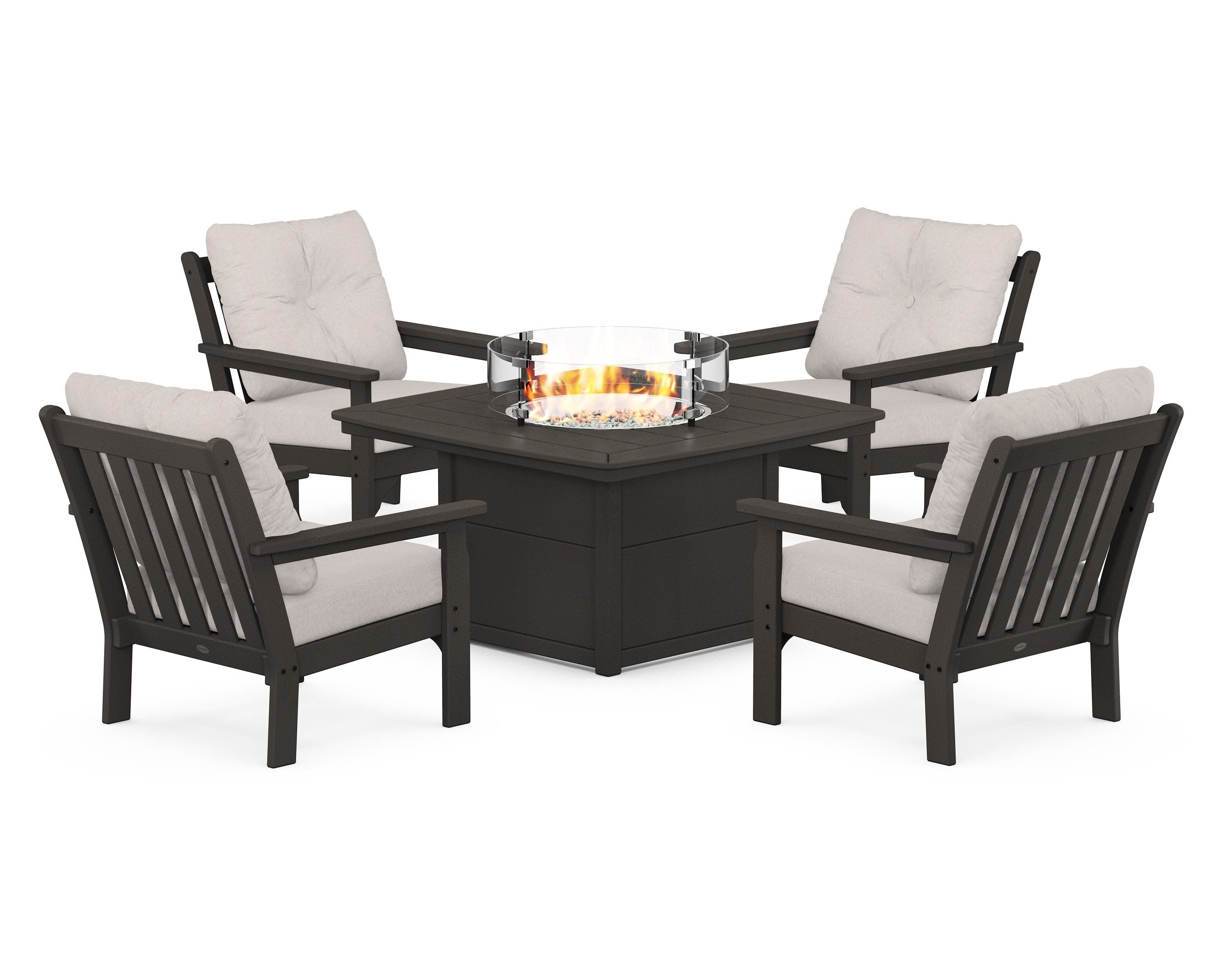 Vineyard 5-Piece Conversation Set with Fire Pit Table in Vintage Coffee / Dune Burlap