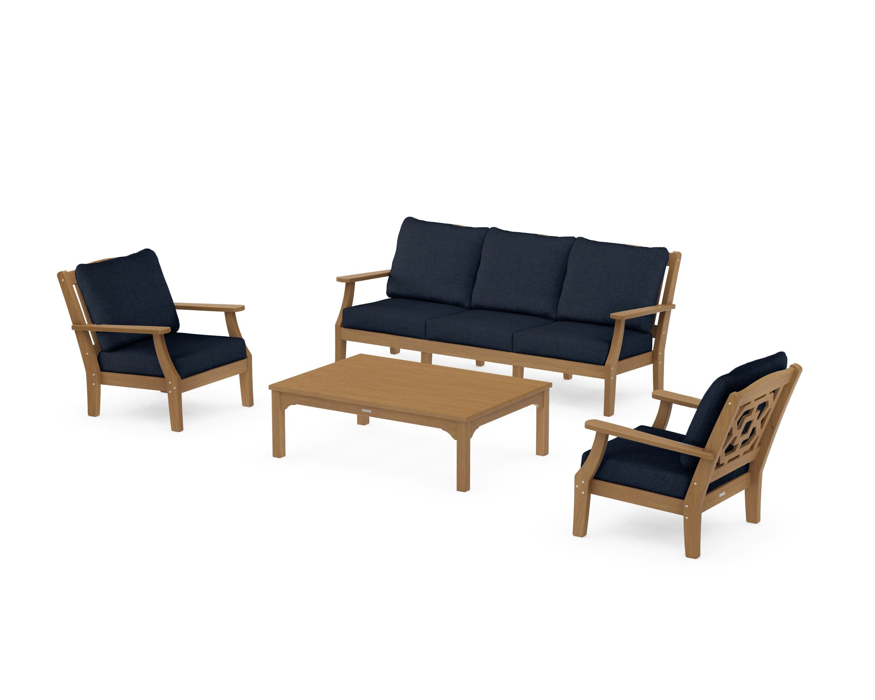Chinoiserie 4-Piece Deep Seating Set with Sofa in Natural / Marine Indigo