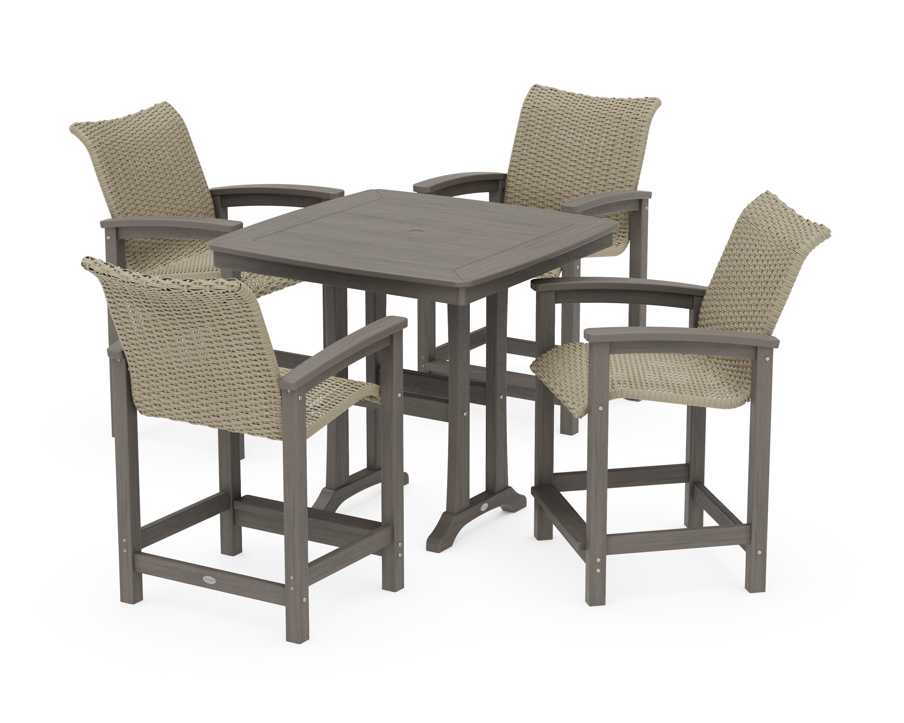 Coastal Woven 5-Piece Counter Set with Trestle Legs in Driftwood / Dune Grass