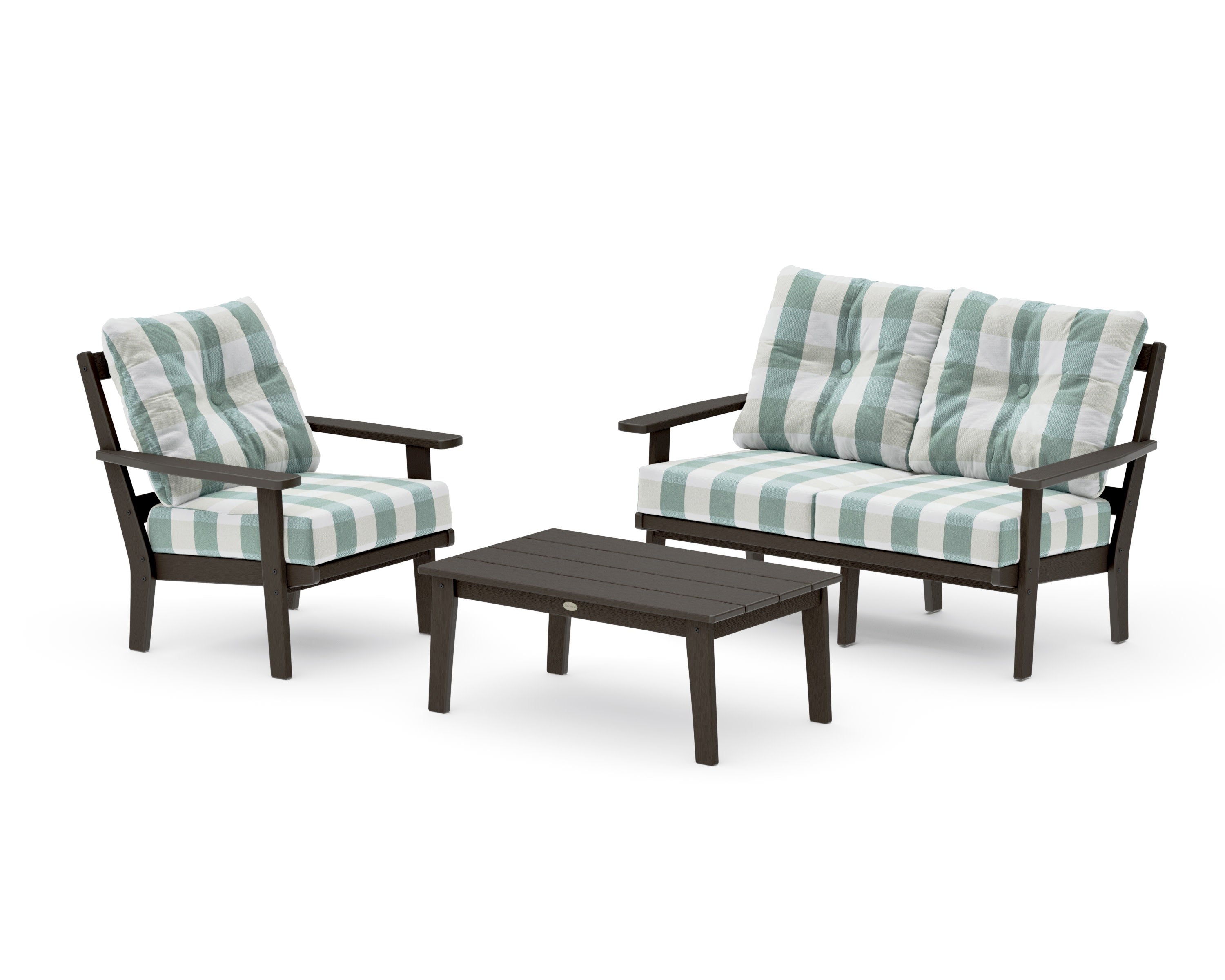 Prairie 3-Piece Deep Seating Set with Loveseat in Vintage Coffee / Buffalo Plaid Glacier Spa