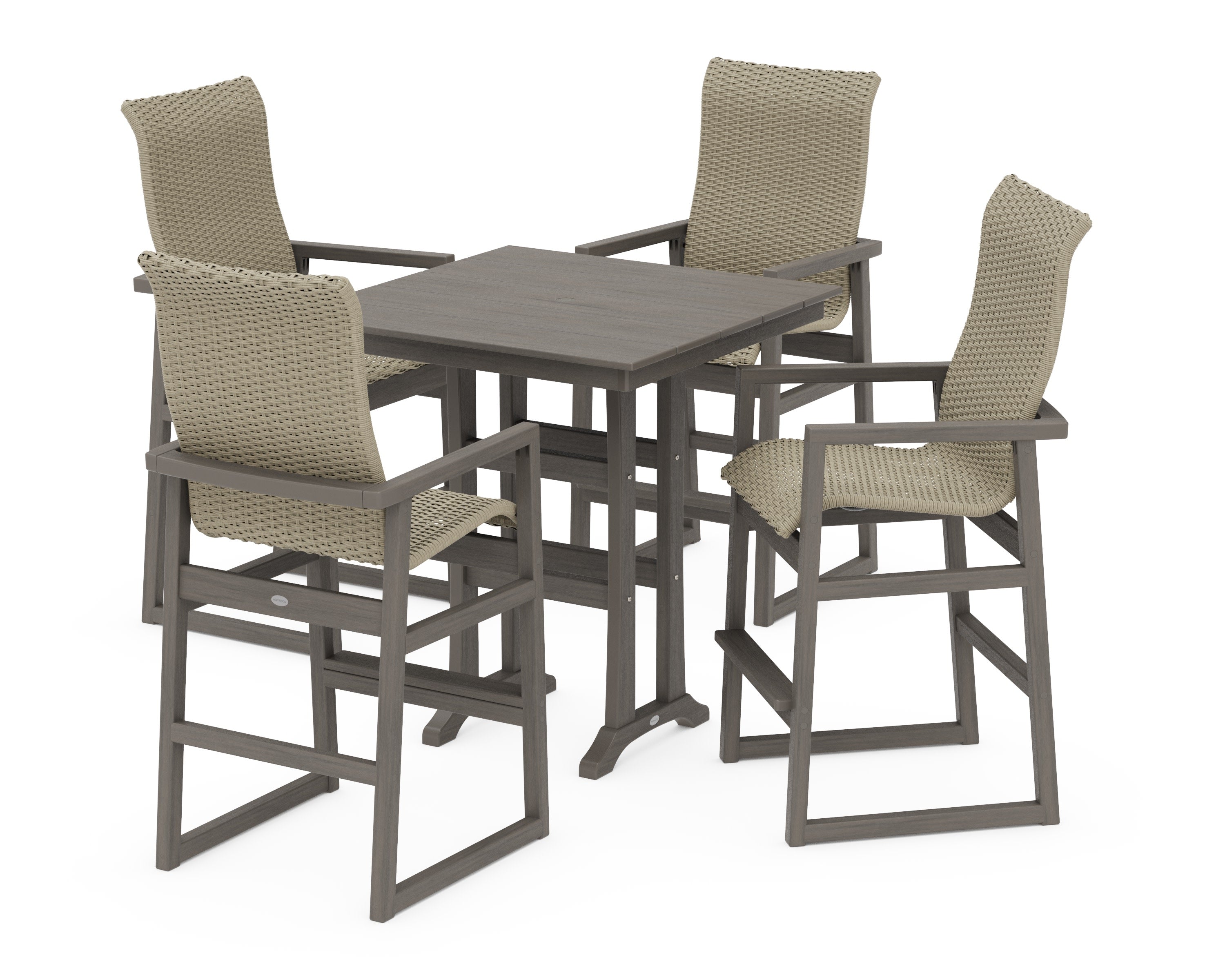 EDGE Woven Highback 5-Piece Farmhouse Bar Set with Trestle Legs in Driftwood / Dune Grass