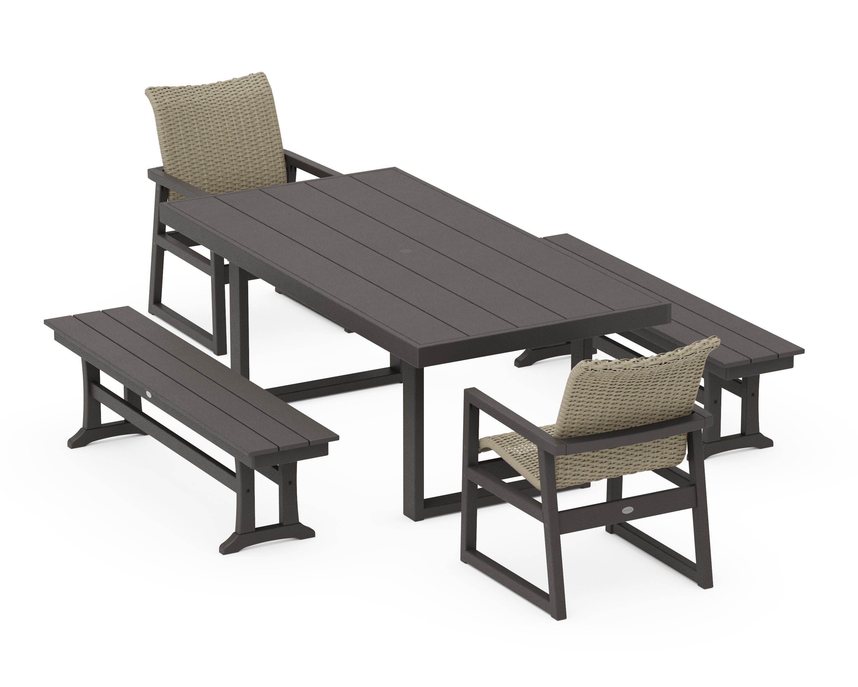 EDGE Woven 5-Piece Dining Set with Benches in Vintage Coffee / Dune Grass