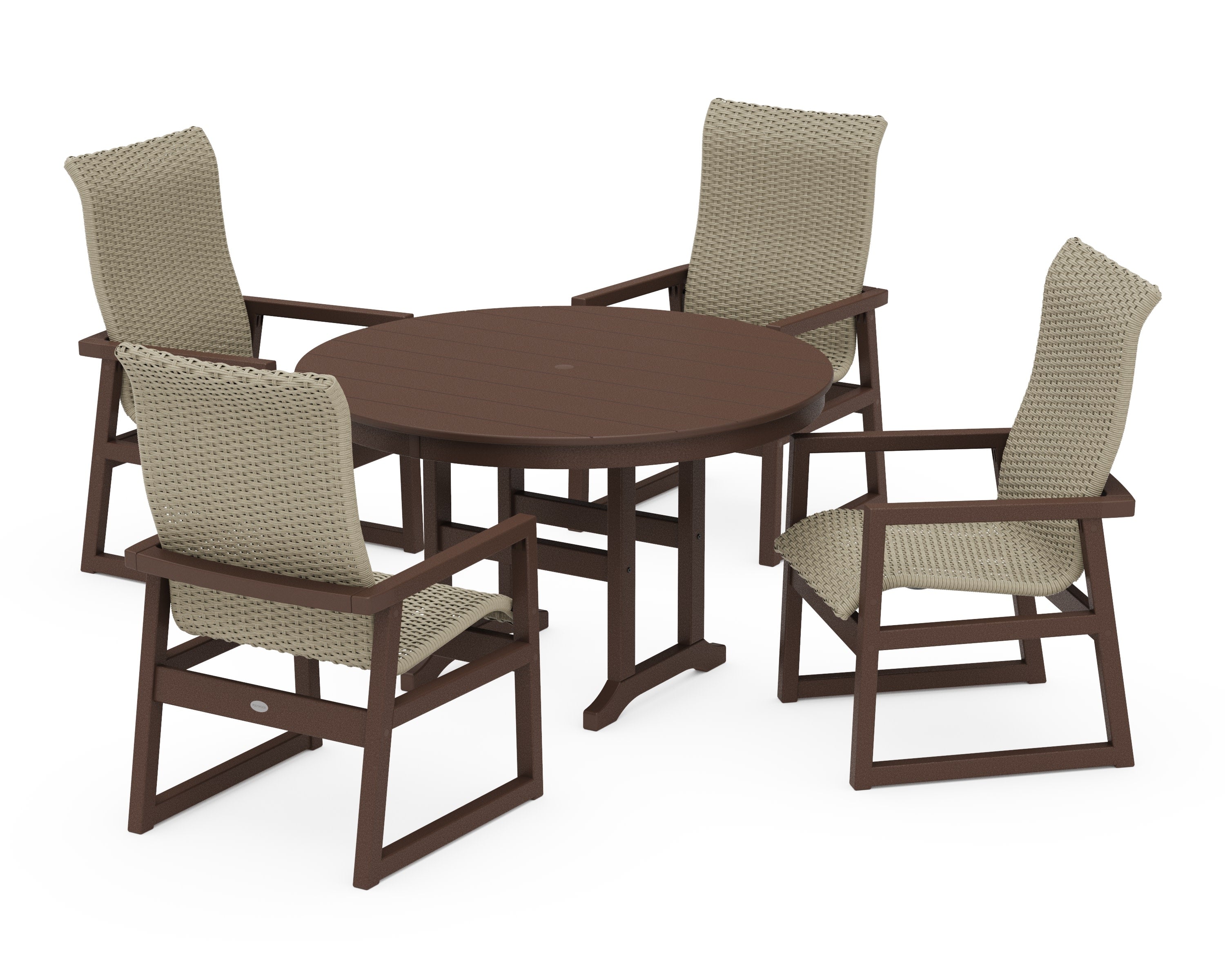 EDGE Woven Highback 5-Piece Round Farmhouse Dining Set in Mahogany / Dune Grass