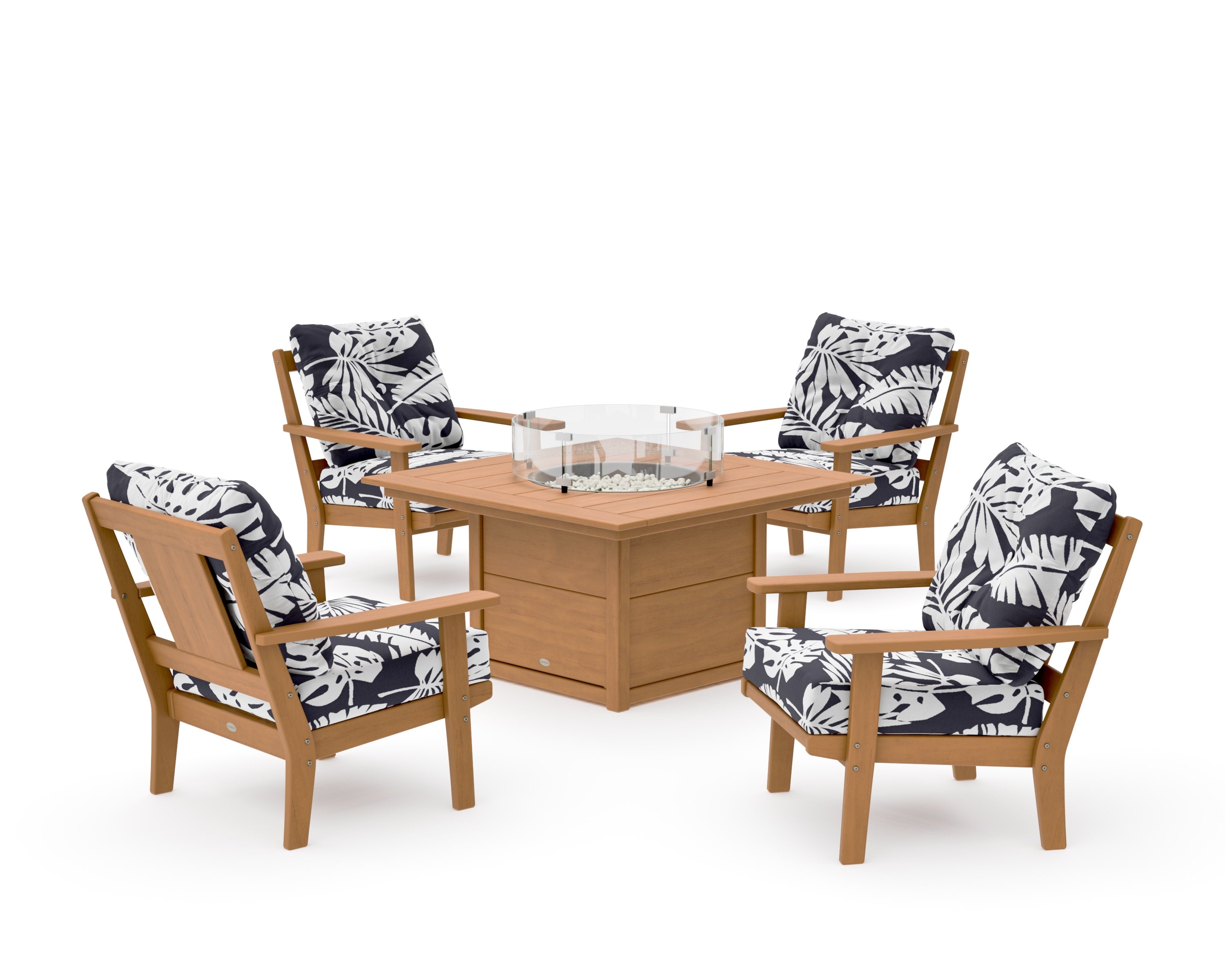 Prairie 5-Piece Deep Seating Set with Fire Pit Table in Natural / Leaf Navy