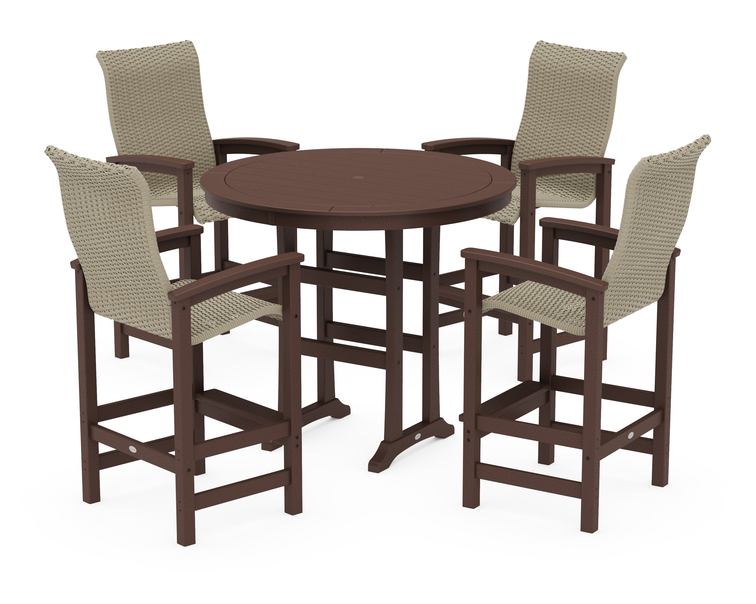Coastal Woven High-Back 5-Piece Round Bar Set in Mahogany / Dune Grass