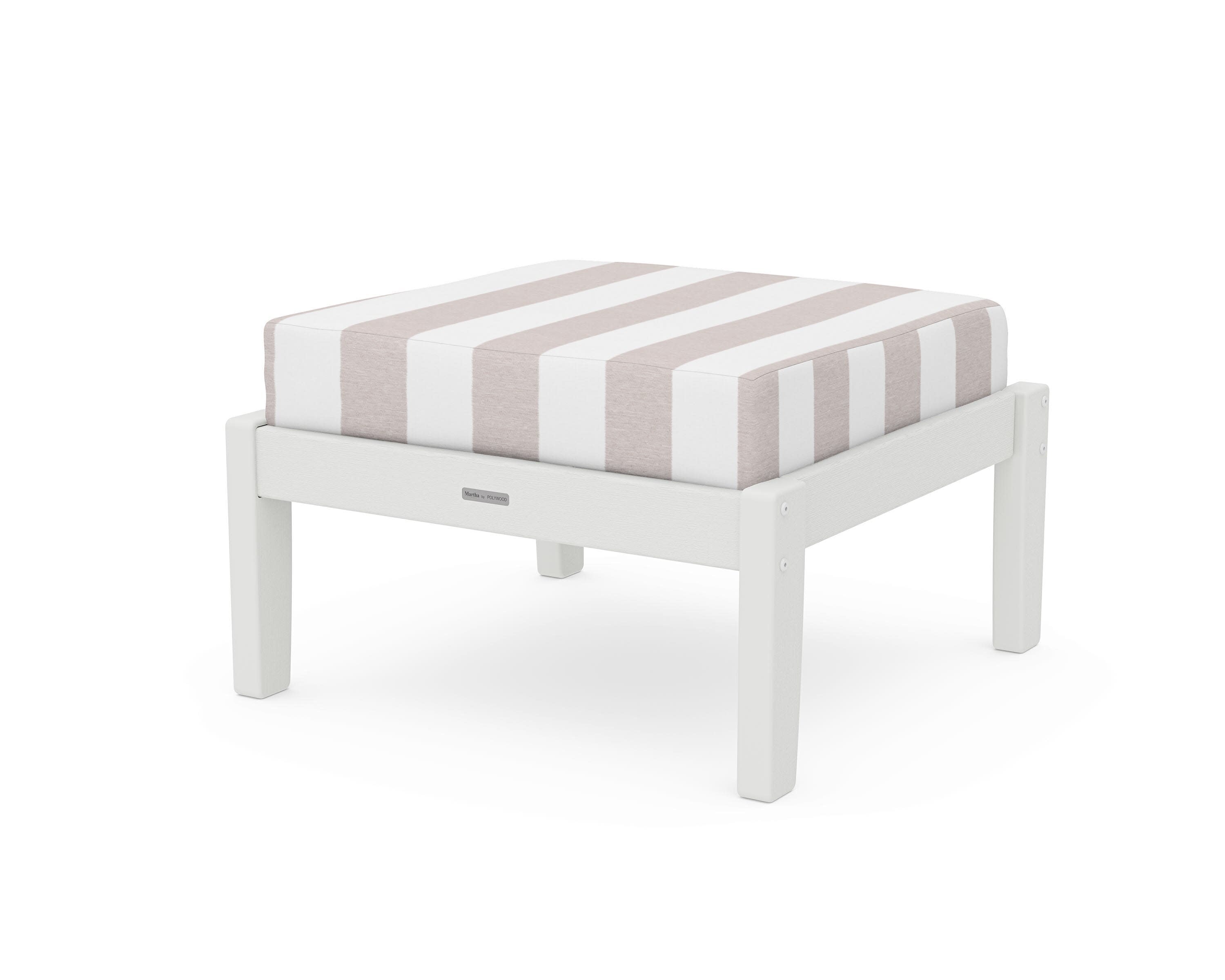 Chinoiserie Deep Seating Ottoman in Vintage White / Cabana Stripe Dune Burlap