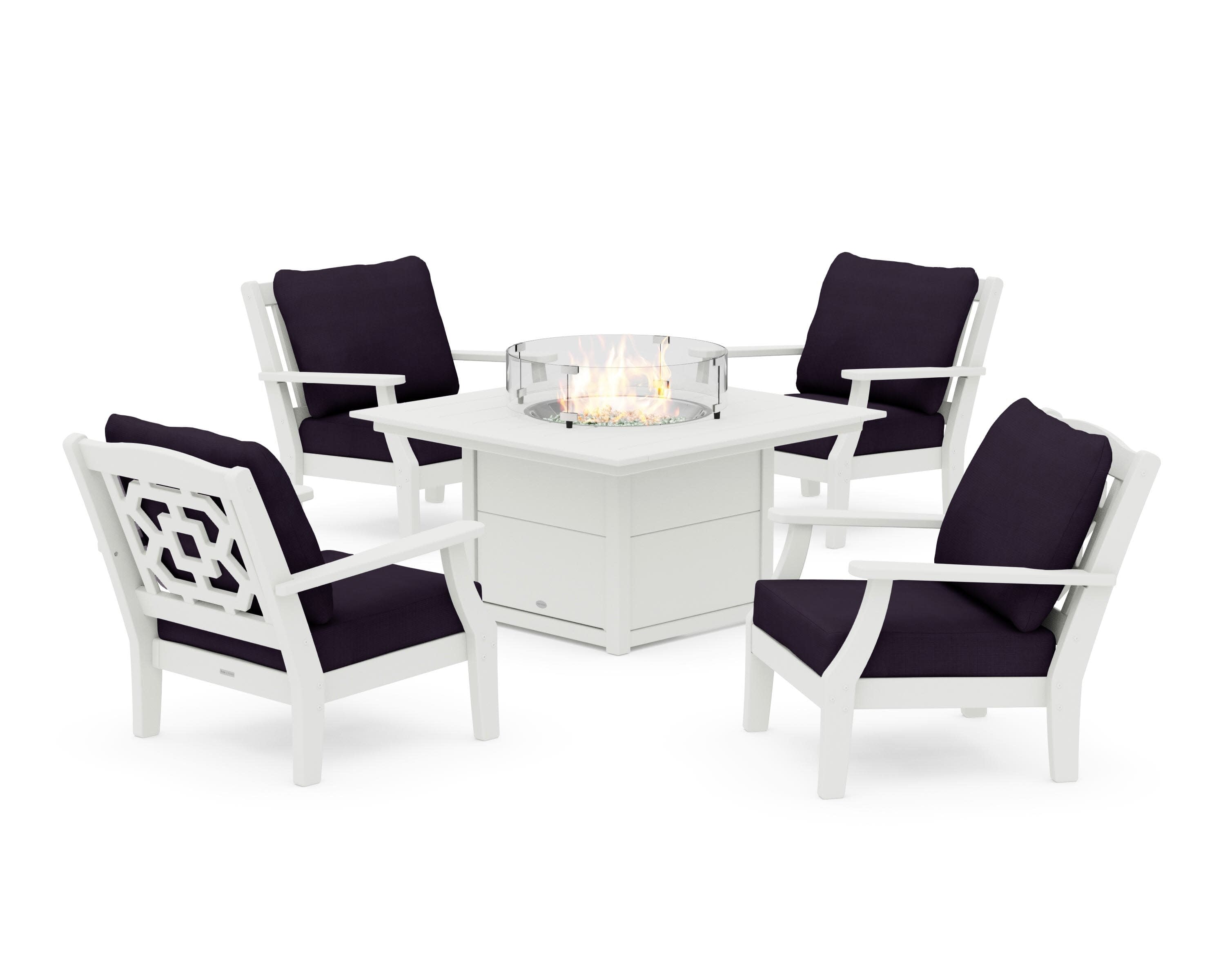 Chinoiserie 5-Piece Deep Seating Set with Fire Pit Table in Vintage White / Navy Linen