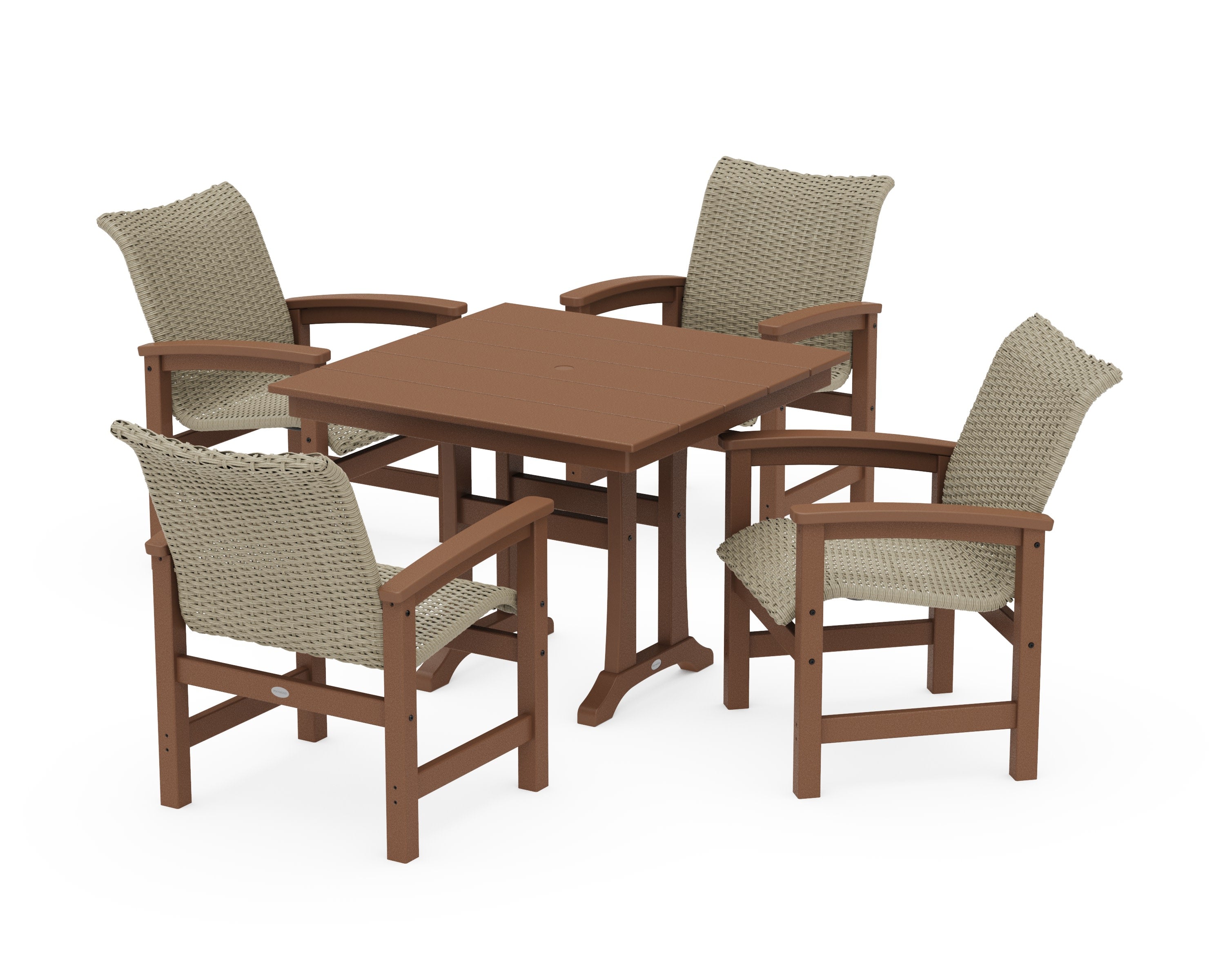 Coastal Woven 5-Piece Farmhouse Dining Set with Trestle Legs in Teak / Dune Grass