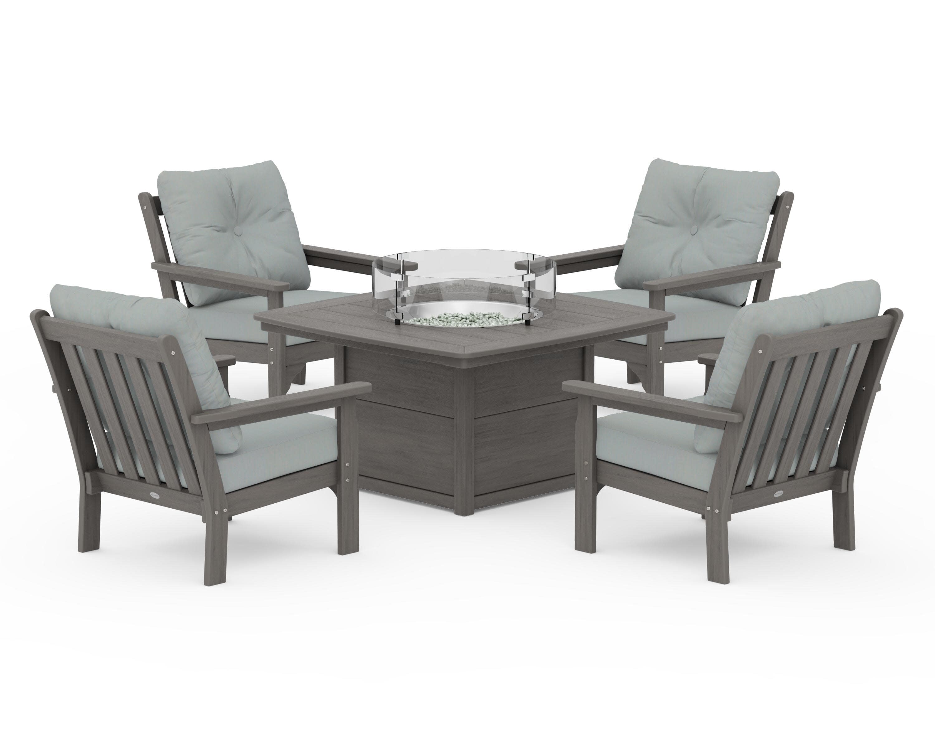 Vineyard 5-Piece Conversation Set with Fire Pit Table in Driftwood / Spa