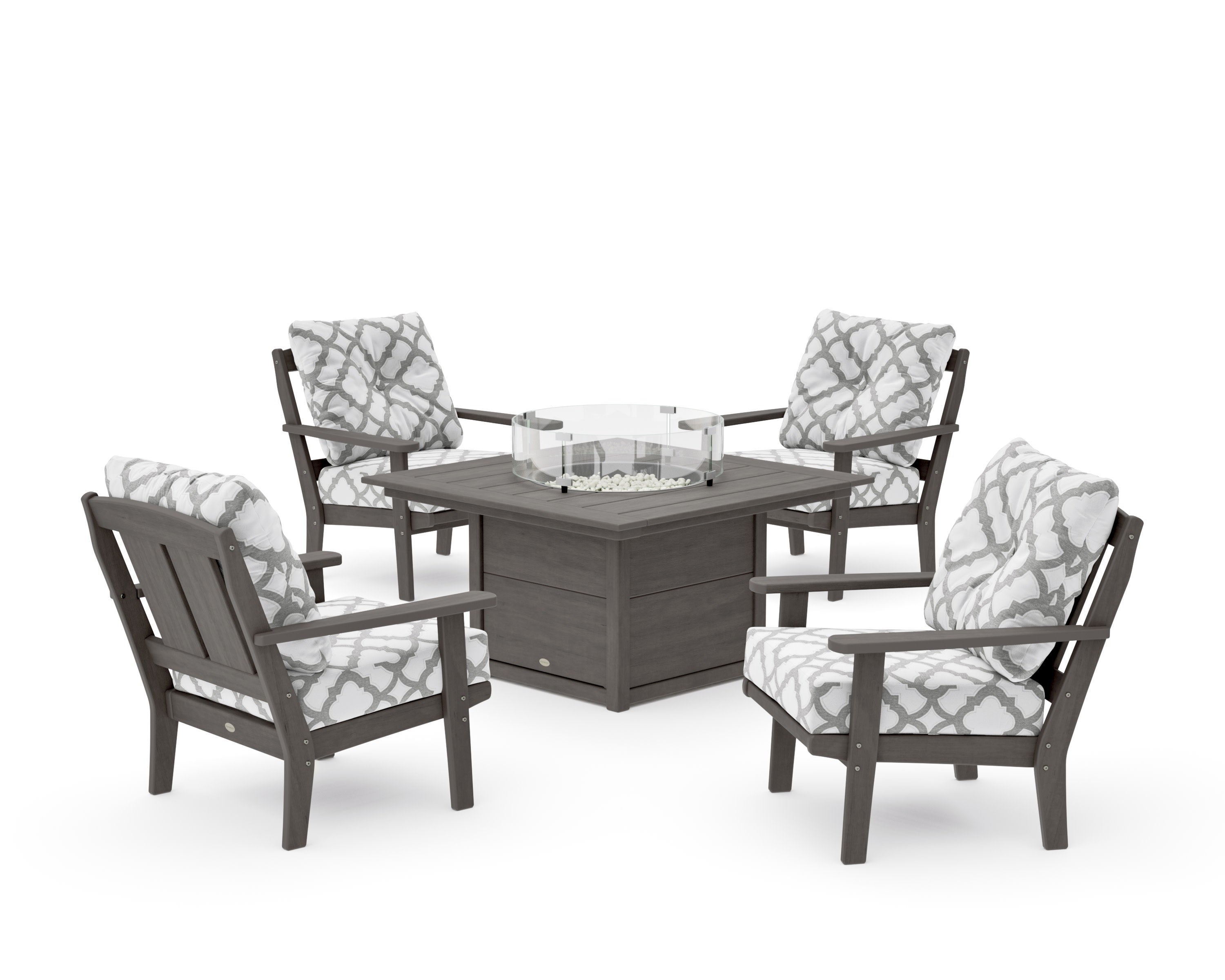 Mission 5-Piece Deep Seating Set with Fire Pit Table in Driftwood / Trellis Grey Mist