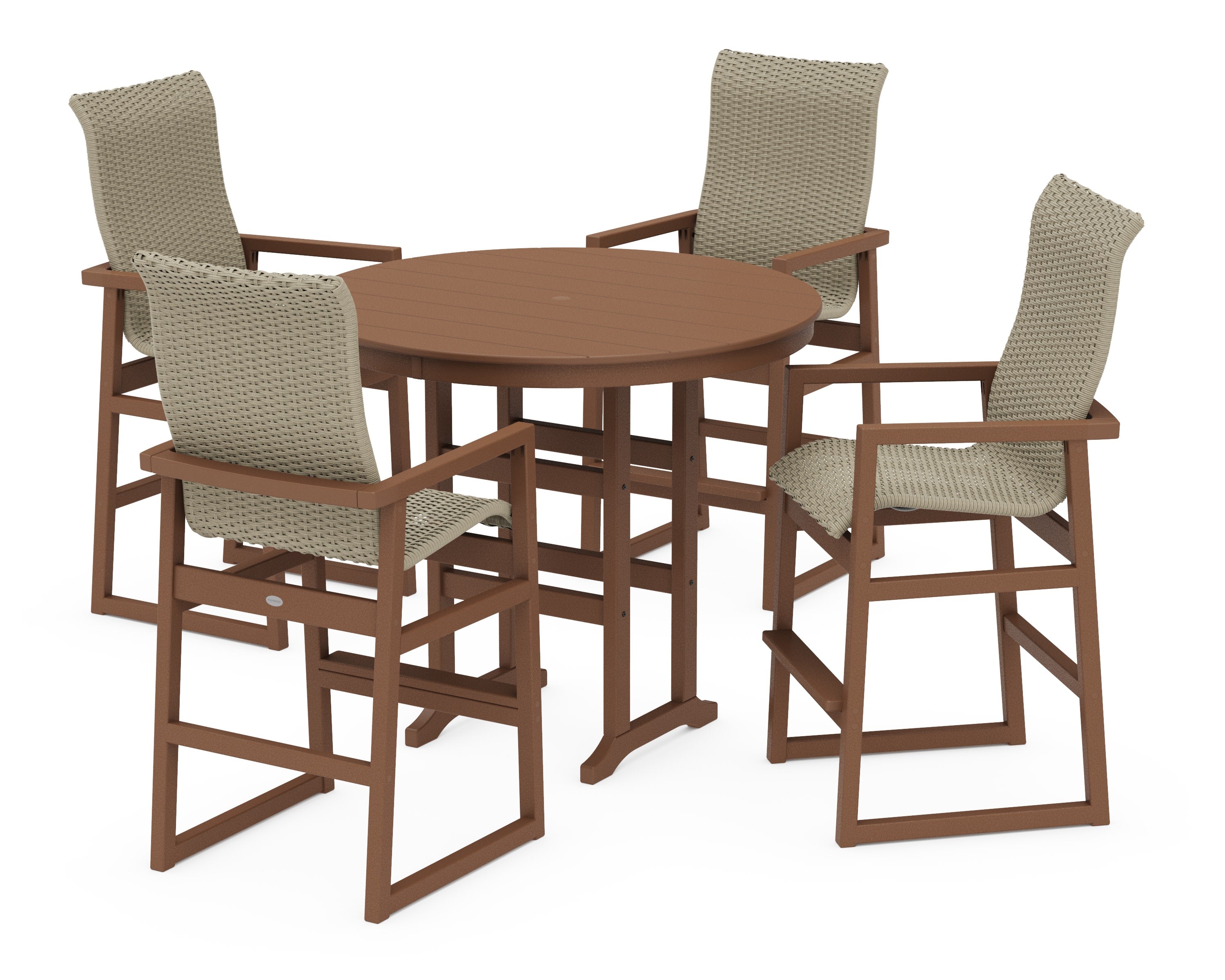 EDGE Woven Highback 5-Piece Round Farmhouse Bar Set in Teak / Dune Grass