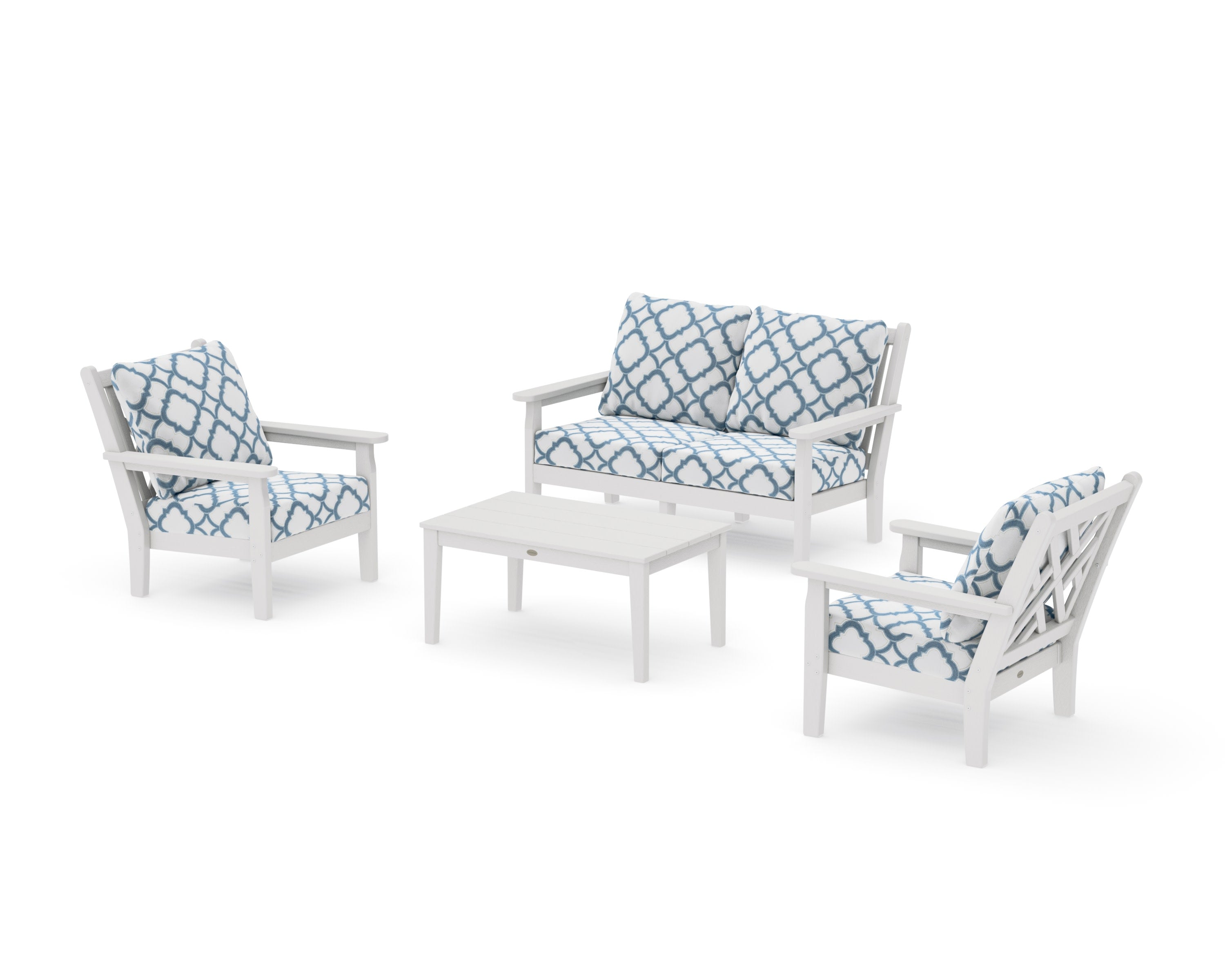 Chippendale 4-Piece Deep Seating Set with Loveseat in Vintage White / Trellis Sky Blue
