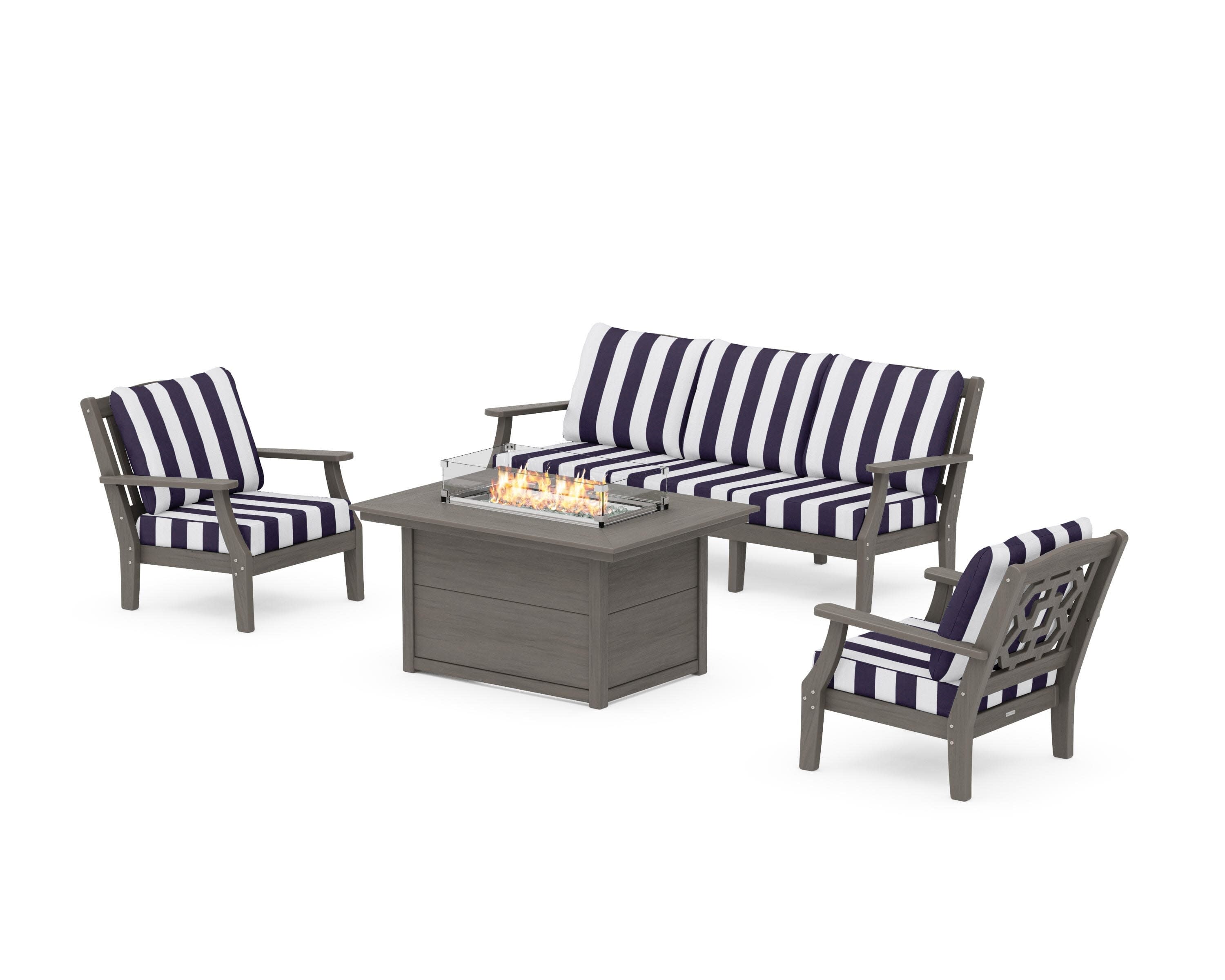 Chinoiserie Deep Seating Fire Pit Table Set in Driftwood / Cabana Stripe Navy