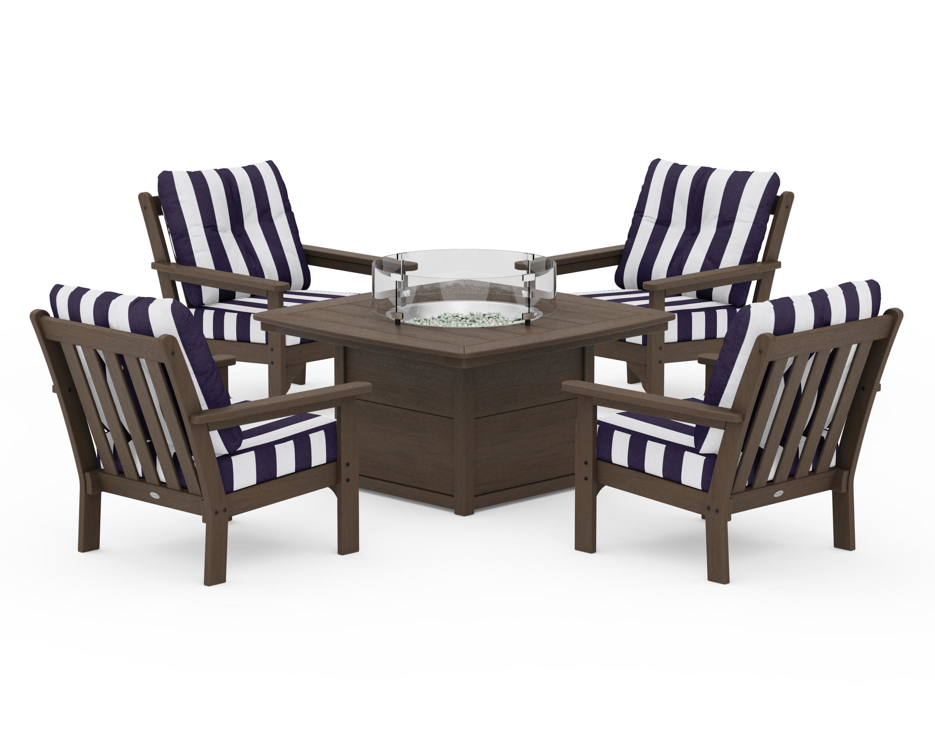 Vineyard 5-Piece Conversation Set with Fire Pit Table in Kona / Cabana Stripe Navy