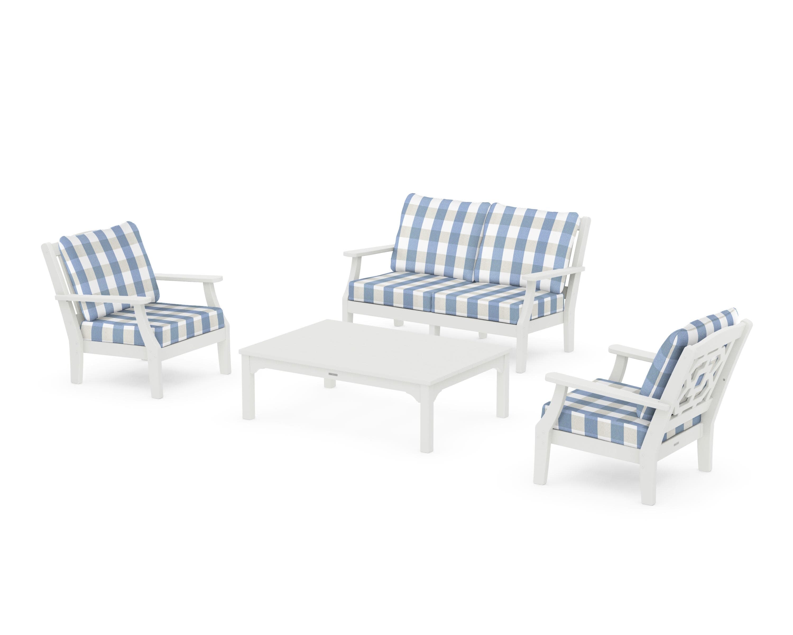 Chinoiserie 4-Piece Deep Seating Set with Loveseat in Vintage White / Buffalo Plaid Sky Blue