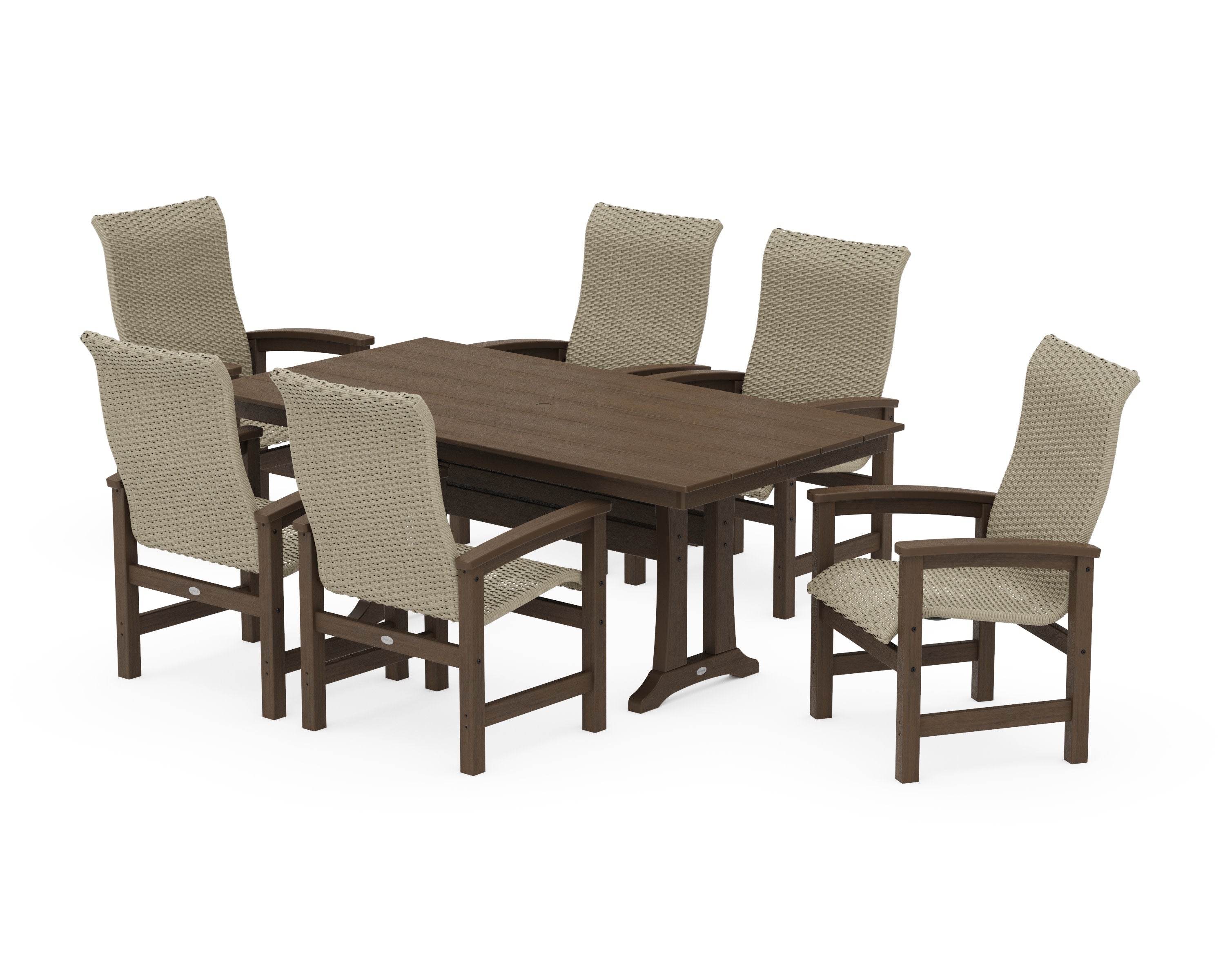 Coastal Woven High-Back Arm Chair 7-Piece Farmhouse Dining Set with Trestle Legs in Kona / Dune Grass