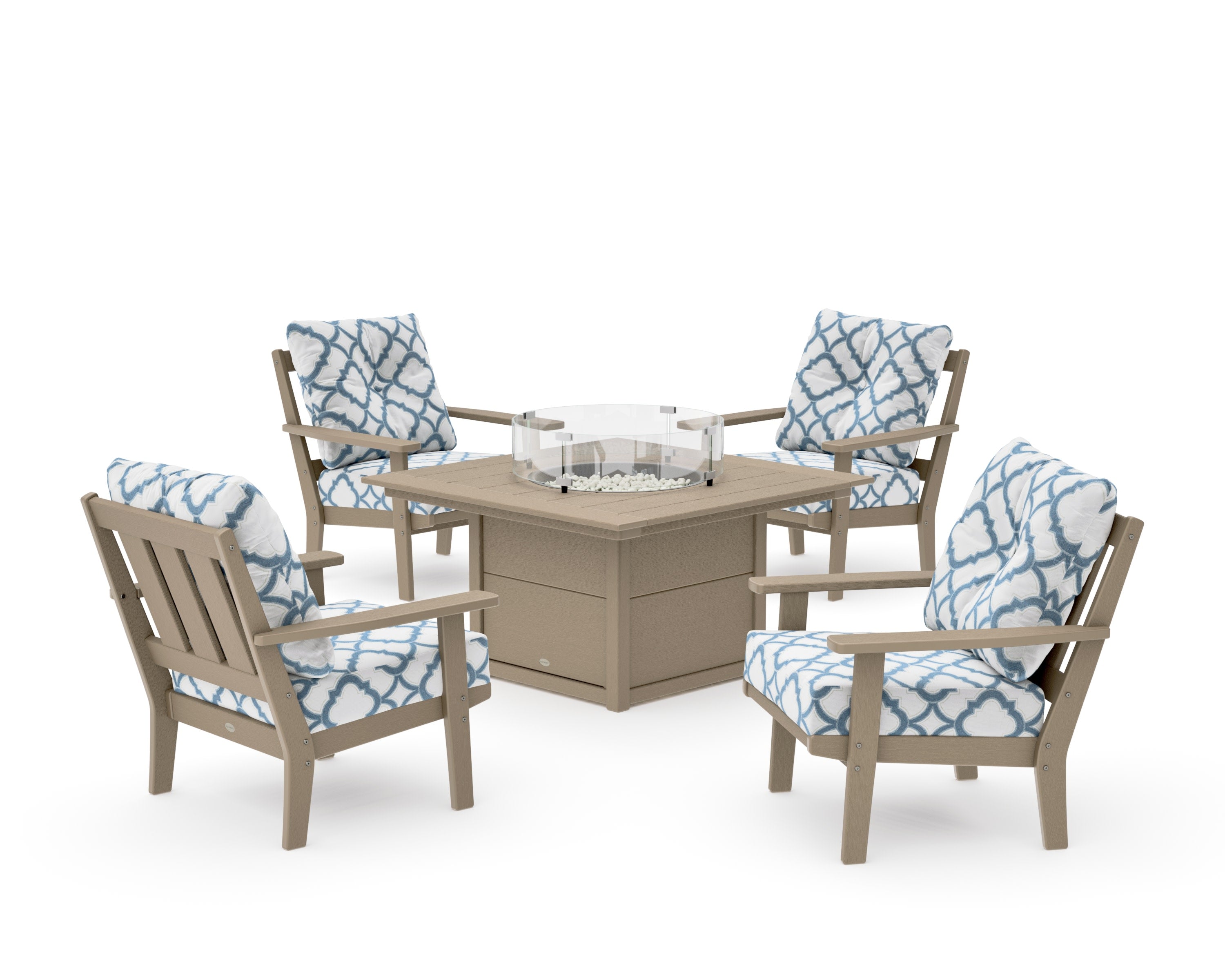Oxford 5-Piece Deep Seating Set with Fire Pit Table in Vintage Sahara / Trellis Sky Blue