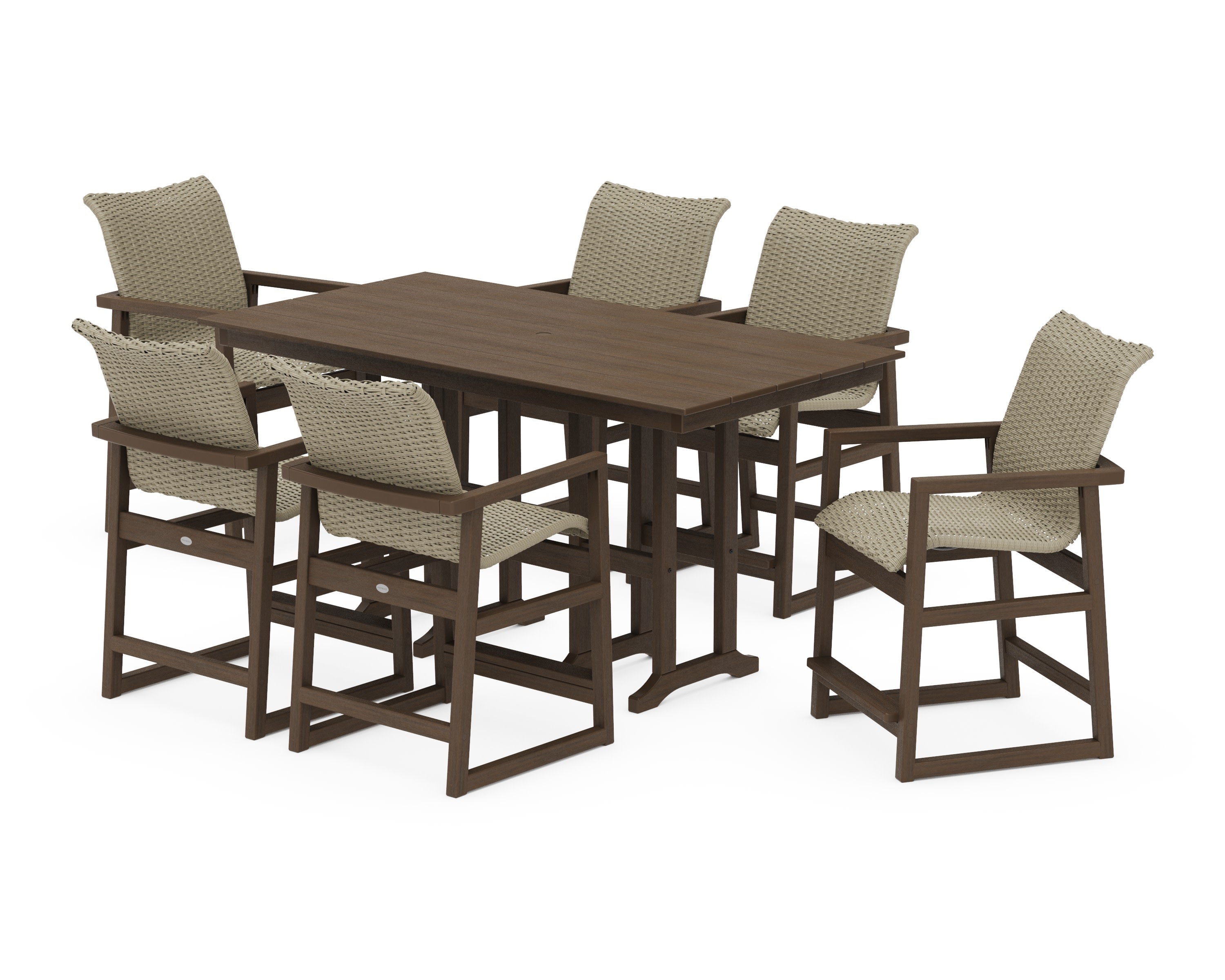 EDGE Woven Arm Chair 7-Piece Farmhouse Counter Set in Kona / Dune Grass