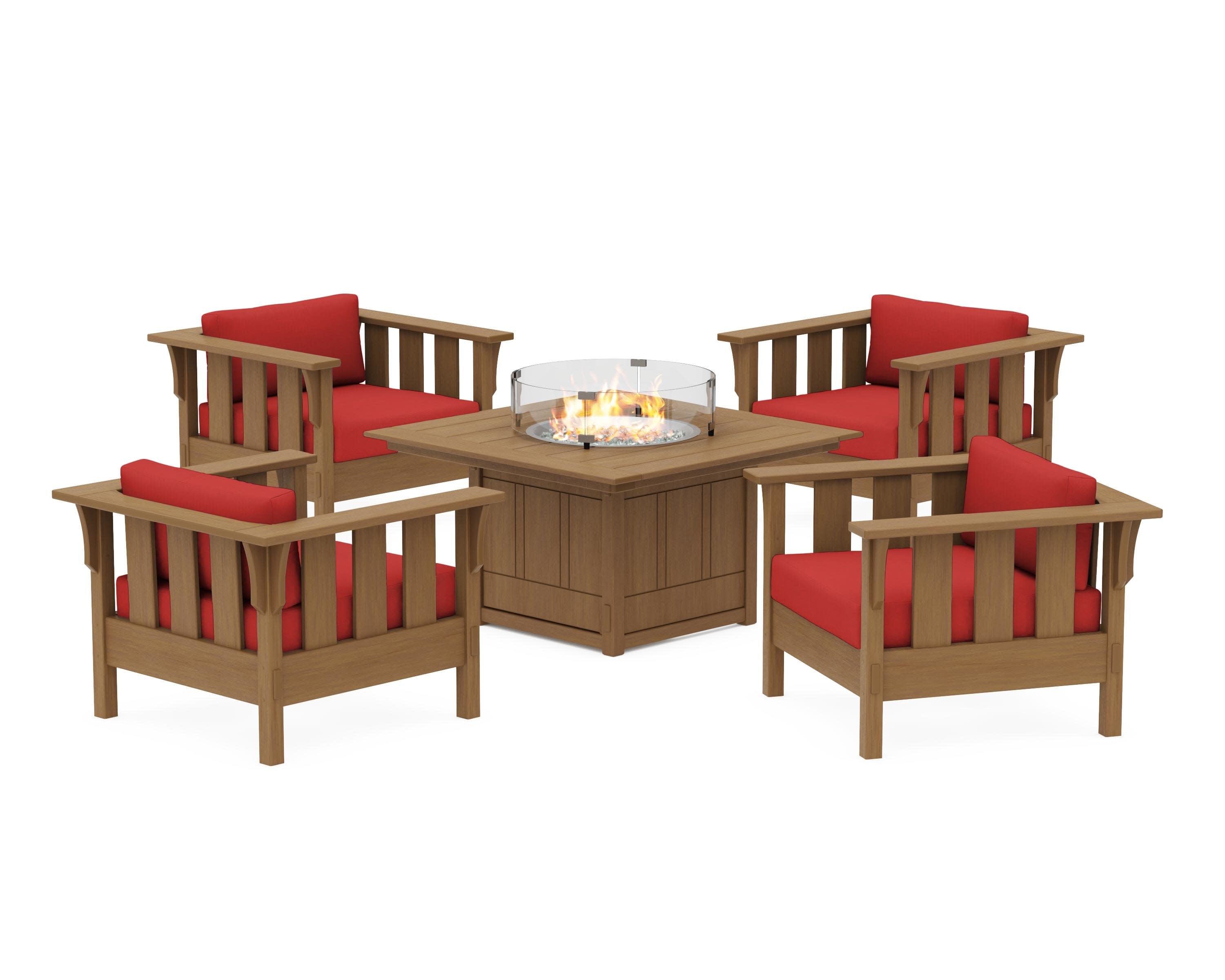 Acadia 5-Piece Deep Seating Set with Fire Pit Table in Natural / Crimson Linen