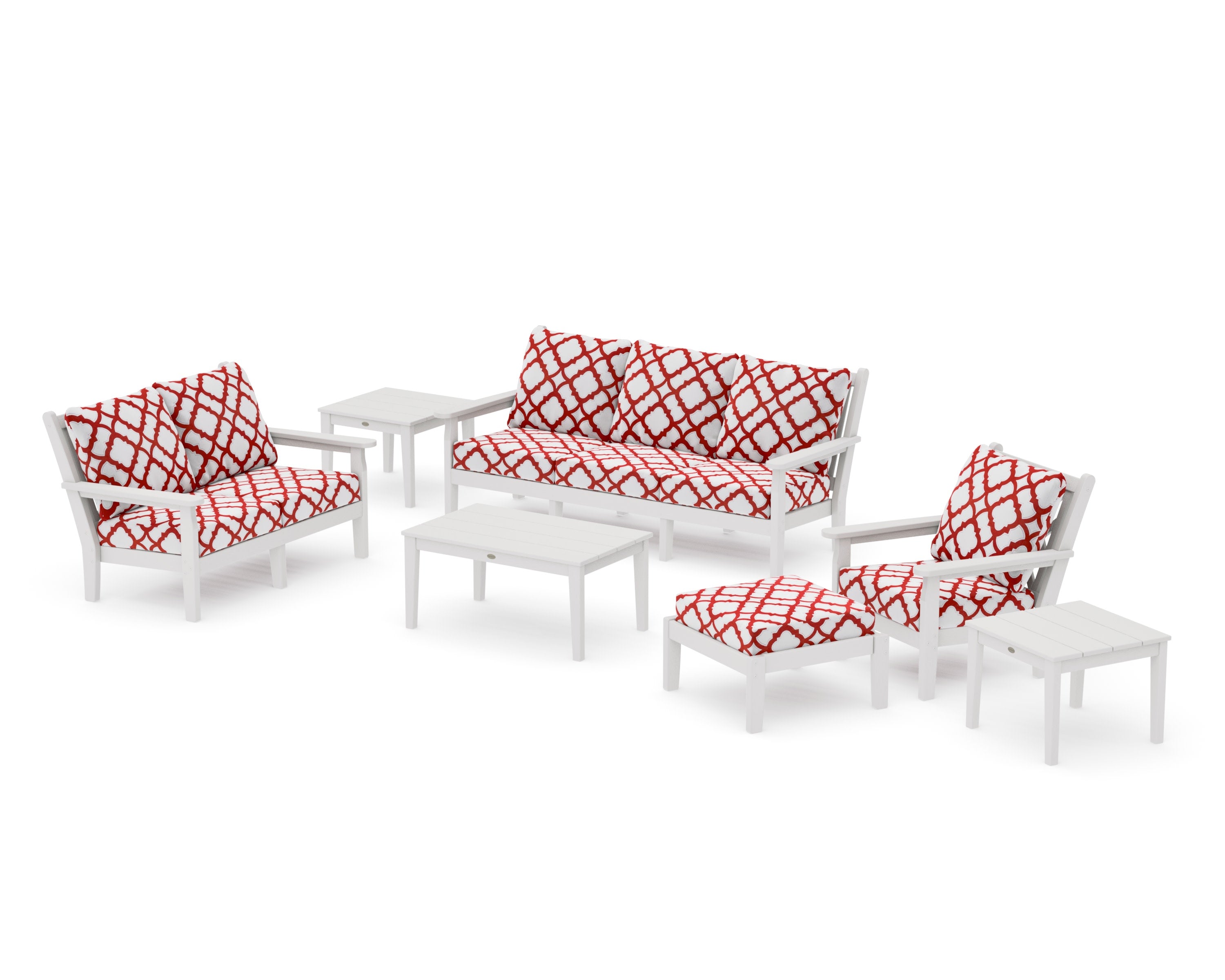 Chippendale 7-Piece Deep Seating Set in Vintage White / Trellis Crimson