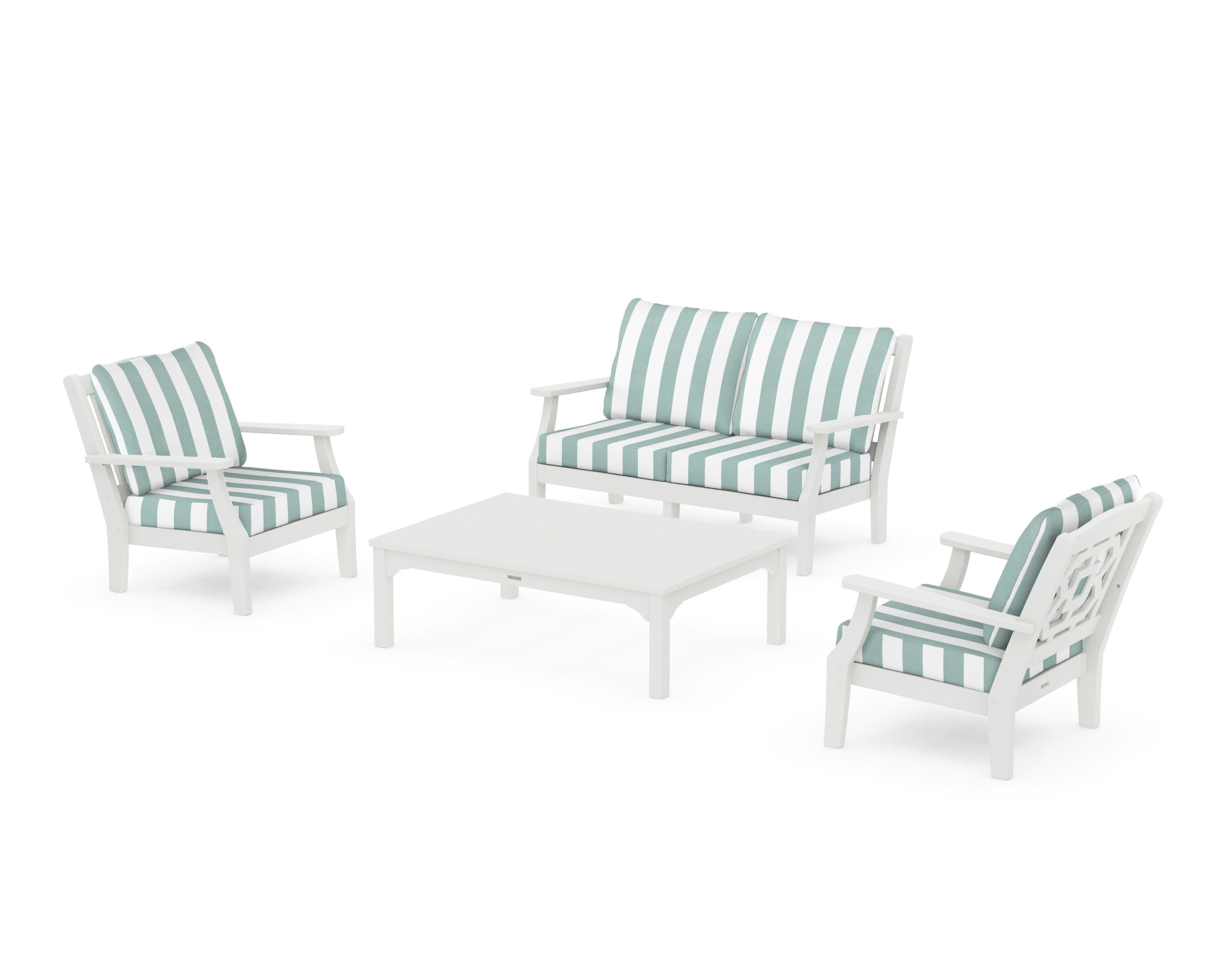 Chinoiserie 4-Piece Deep Seating Set with Loveseat in Vintage White / Cabana Stripe Glacier Spa