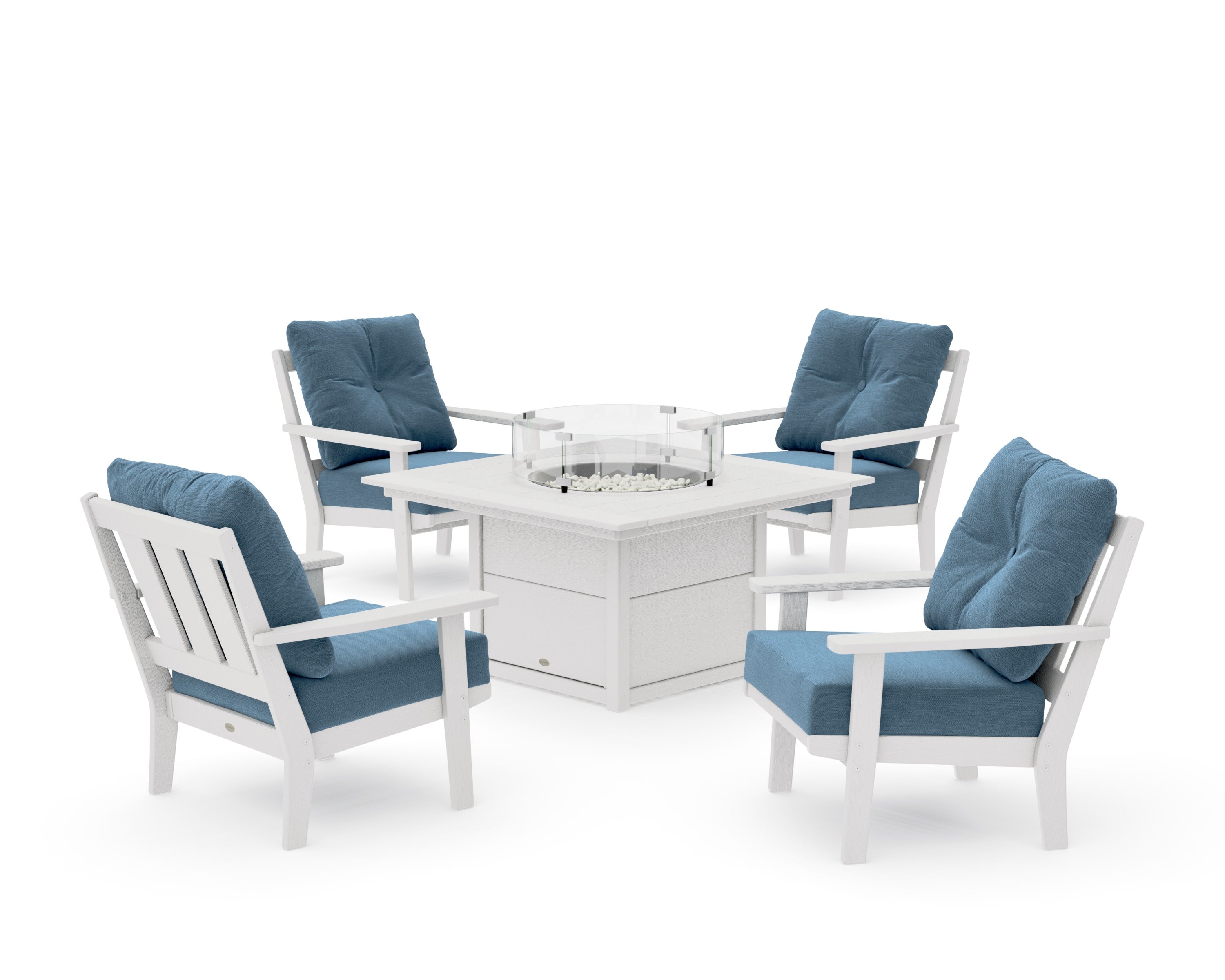 Oxford 5-Piece Deep Seating Set with Fire Pit Table in Vintage White / Sky Blue