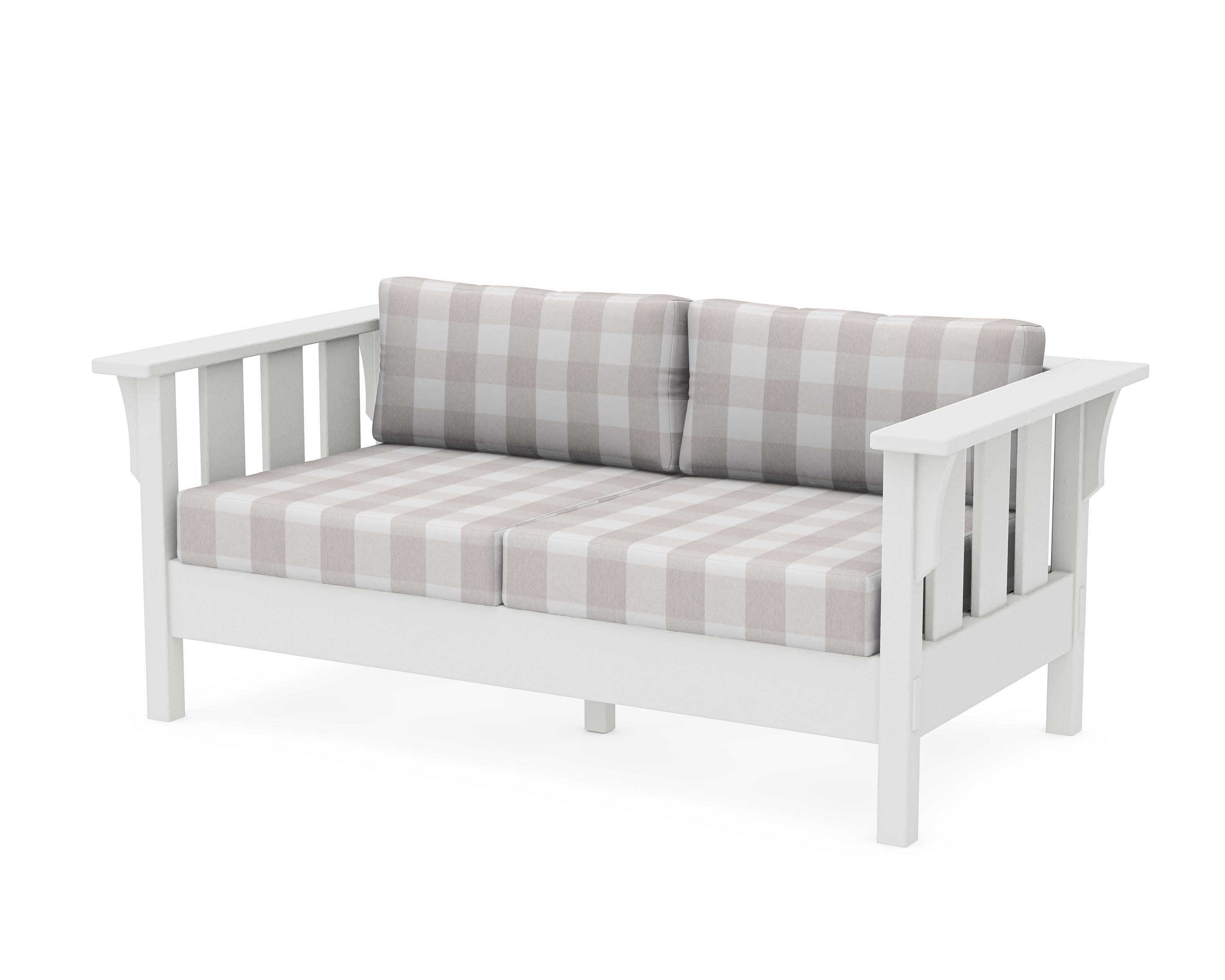 Acadia Deep Seating Loveseat in Vintage White / Buffalo Plaid Dune Burlap