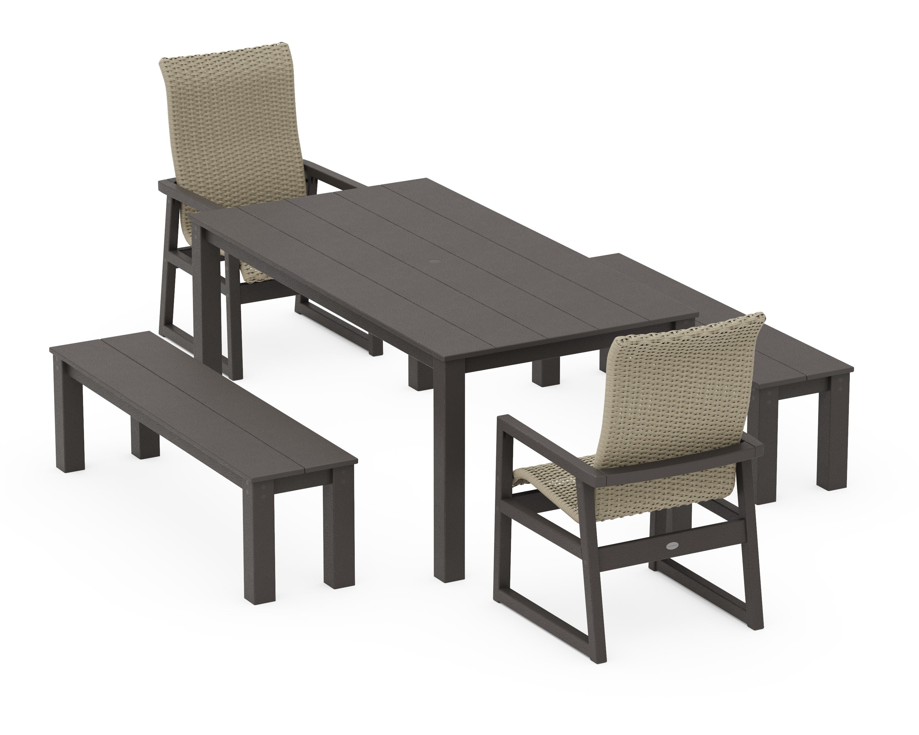EDGE Woven Highback 5-Piece Parsons Dining Set with Benches in Vintage Coffee / Dune Grass