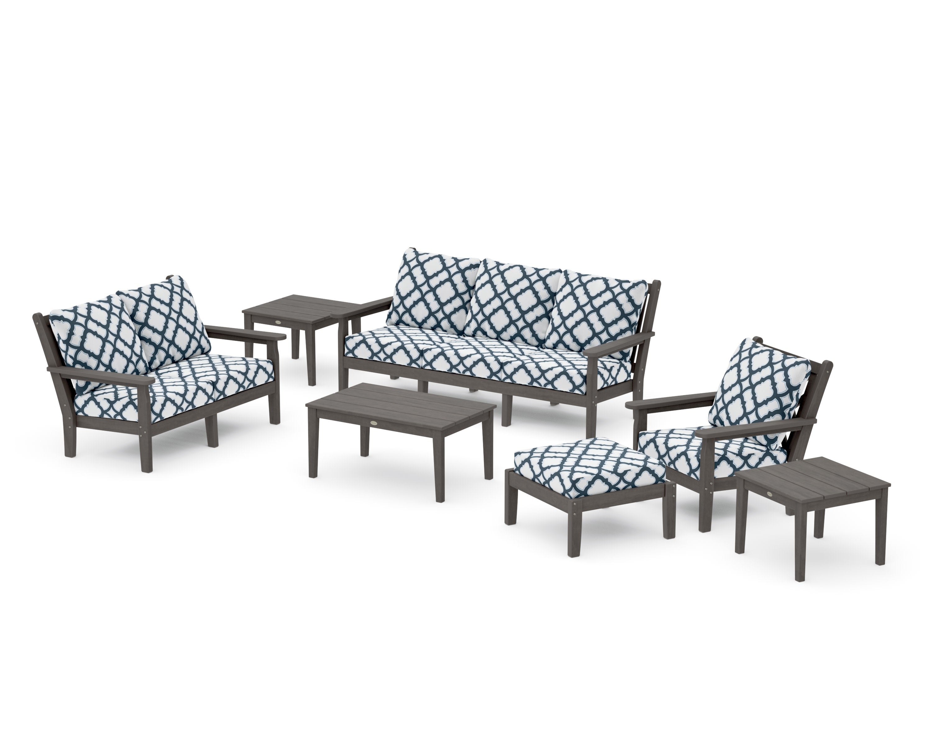 Chippendale 7-Piece Deep Seating Set in Driftwood / Trellis Marine Indigo