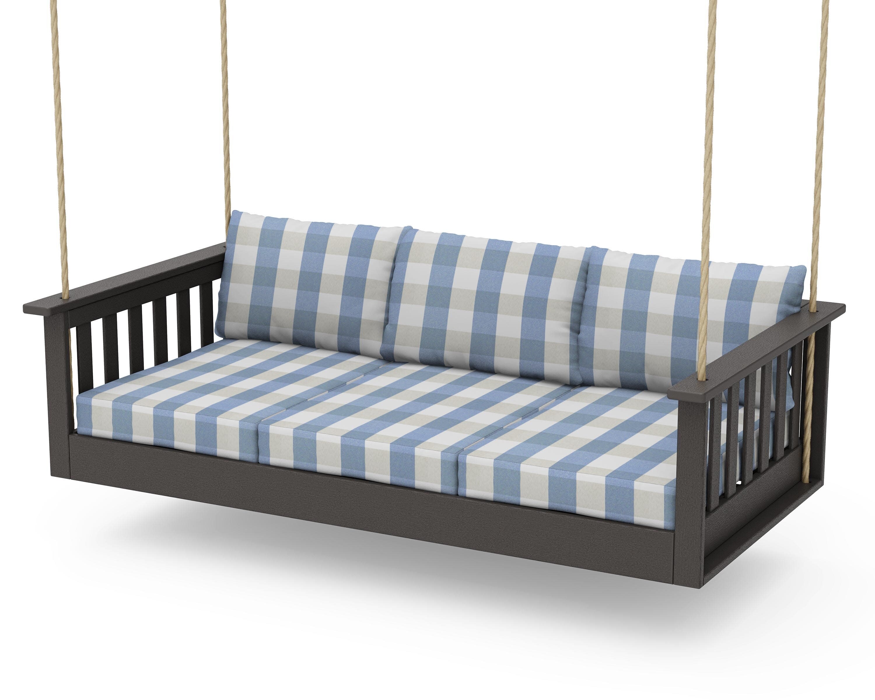 Vineyard Daybed Swing in Vintage Coffee / Buffalo Plaid Sky Blue