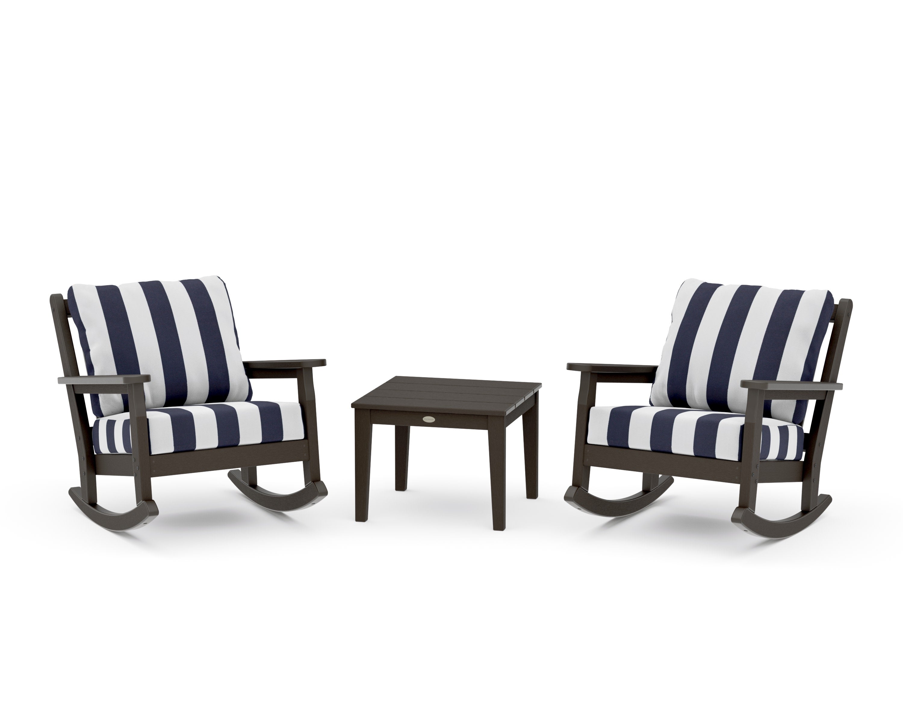 Chippendale 3-Piece Deep Seating Rocker Set in Vintage Coffee / Cabana Stripe Navy