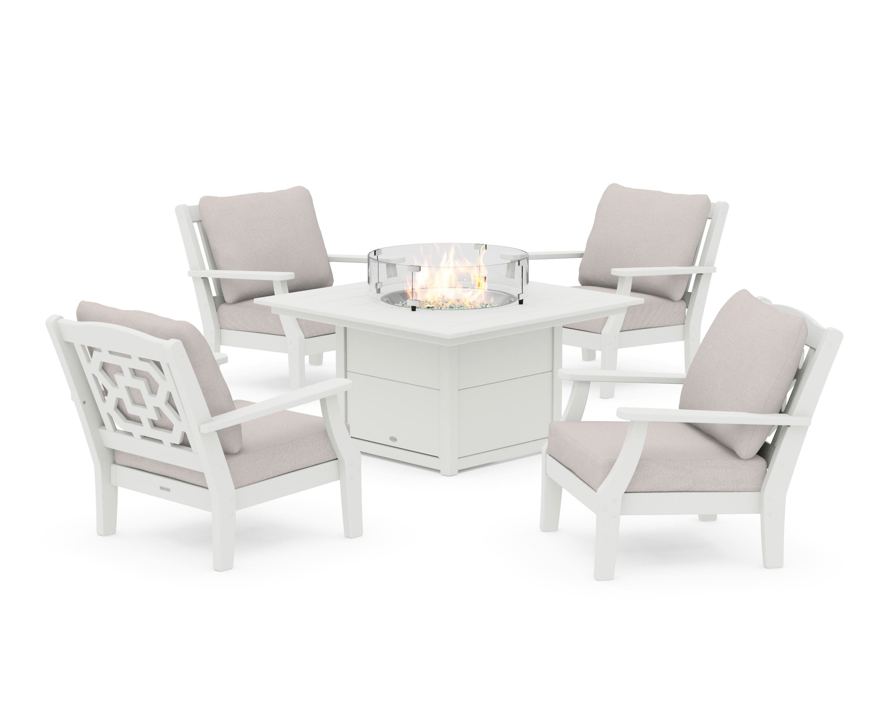 Chinoiserie 5-Piece Deep Seating Set with Fire Pit Table in Vintage White / Dune Burlap